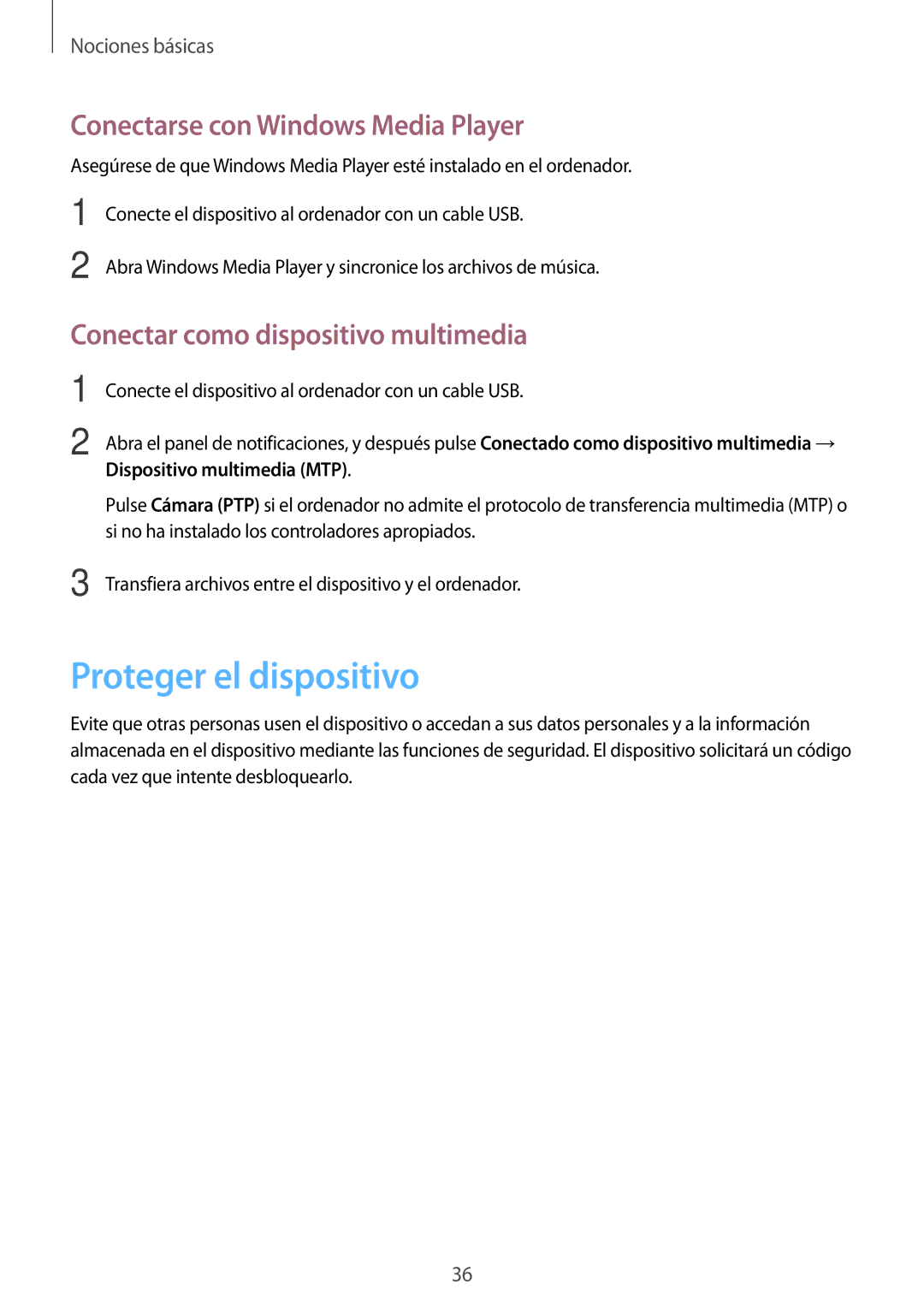 Samsung SM-T533NZWAPHE Proteger el dispositivo, Conectarse con Windows Media Player, Conectar como dispositivo multimedia 
