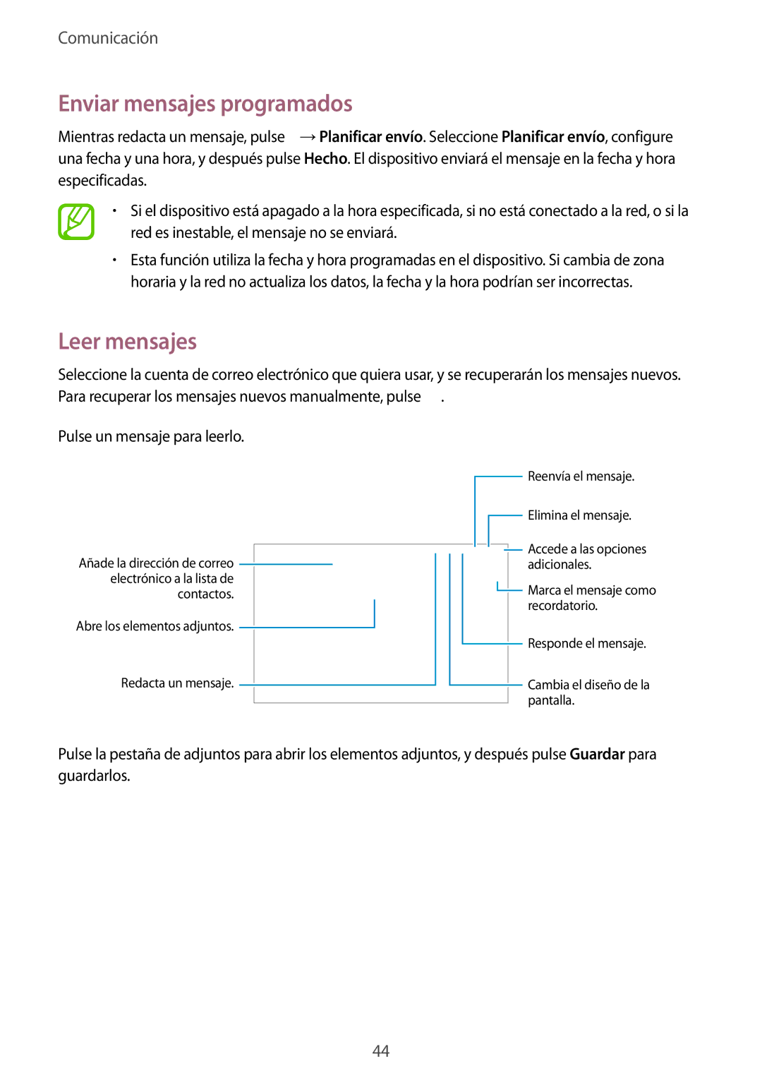 Samsung SM-T533NZWAXEH, SM-T533NZWAPHE, SM-T533NYKAPHE manual Enviar mensajes programados, Leer mensajes 