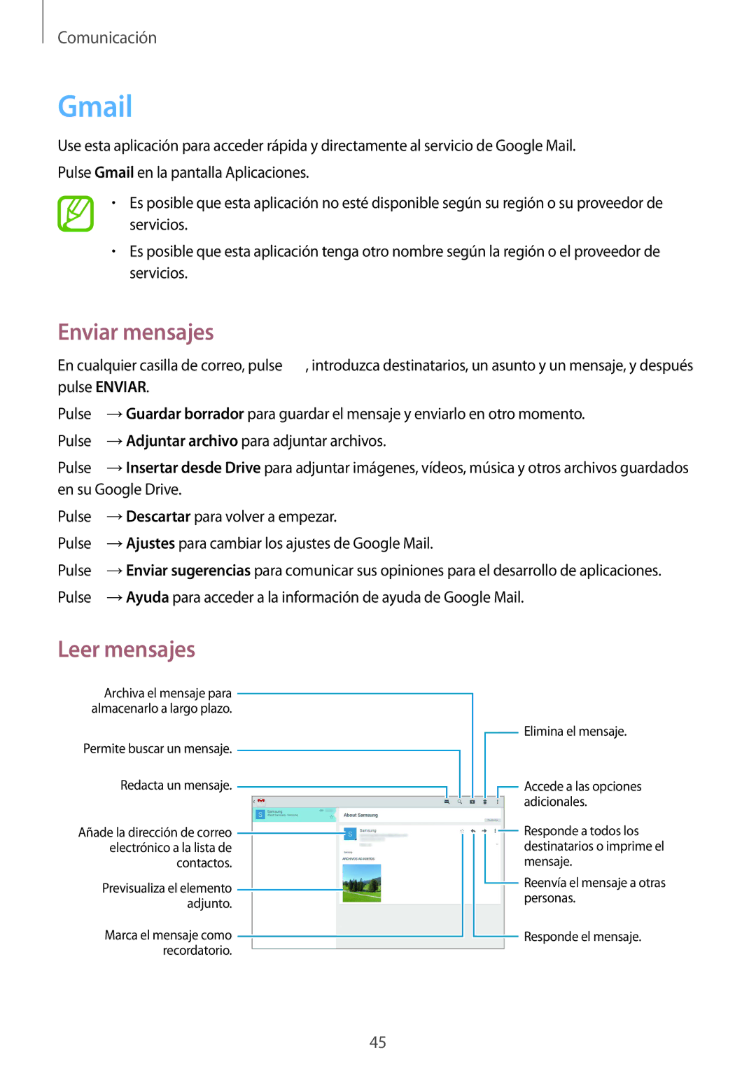 Samsung SM-T533NZWAPHE, SM-T533NYKAPHE, SM-T533NZWAXEH manual Gmail 