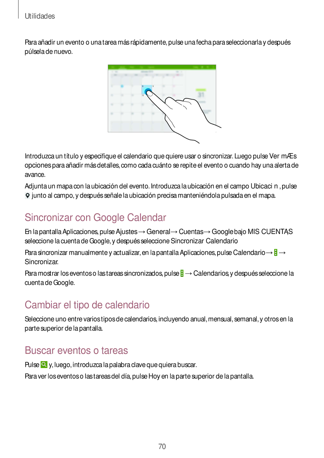 Samsung SM-T533NYKAPHE manual Sincronizar con Google Calendar, Cambiar el tipo de calendario, Buscar eventos o tareas 