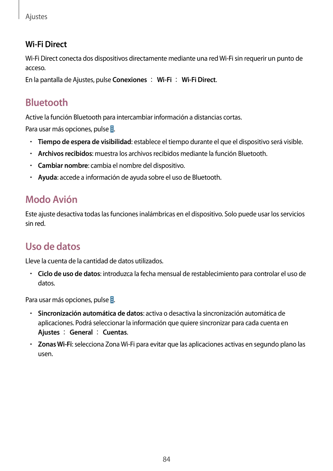 Samsung SM-T533NZWAPHE, SM-T533NYKAPHE, SM-T533NZWAXEH manual Bluetooth, Modo Avión, Uso de datos, Wi-Fi Direct 