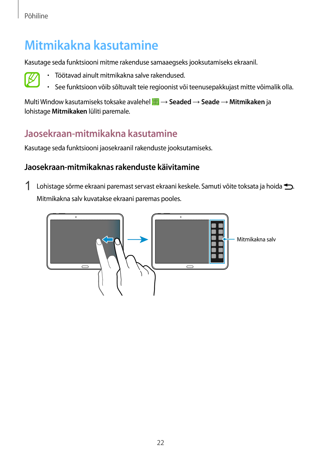 Samsung SM-T533NZWASEB, SM-T533NYKASEB manual Mitmikakna kasutamine, Jaosekraan-mitmikakna kasutamine 