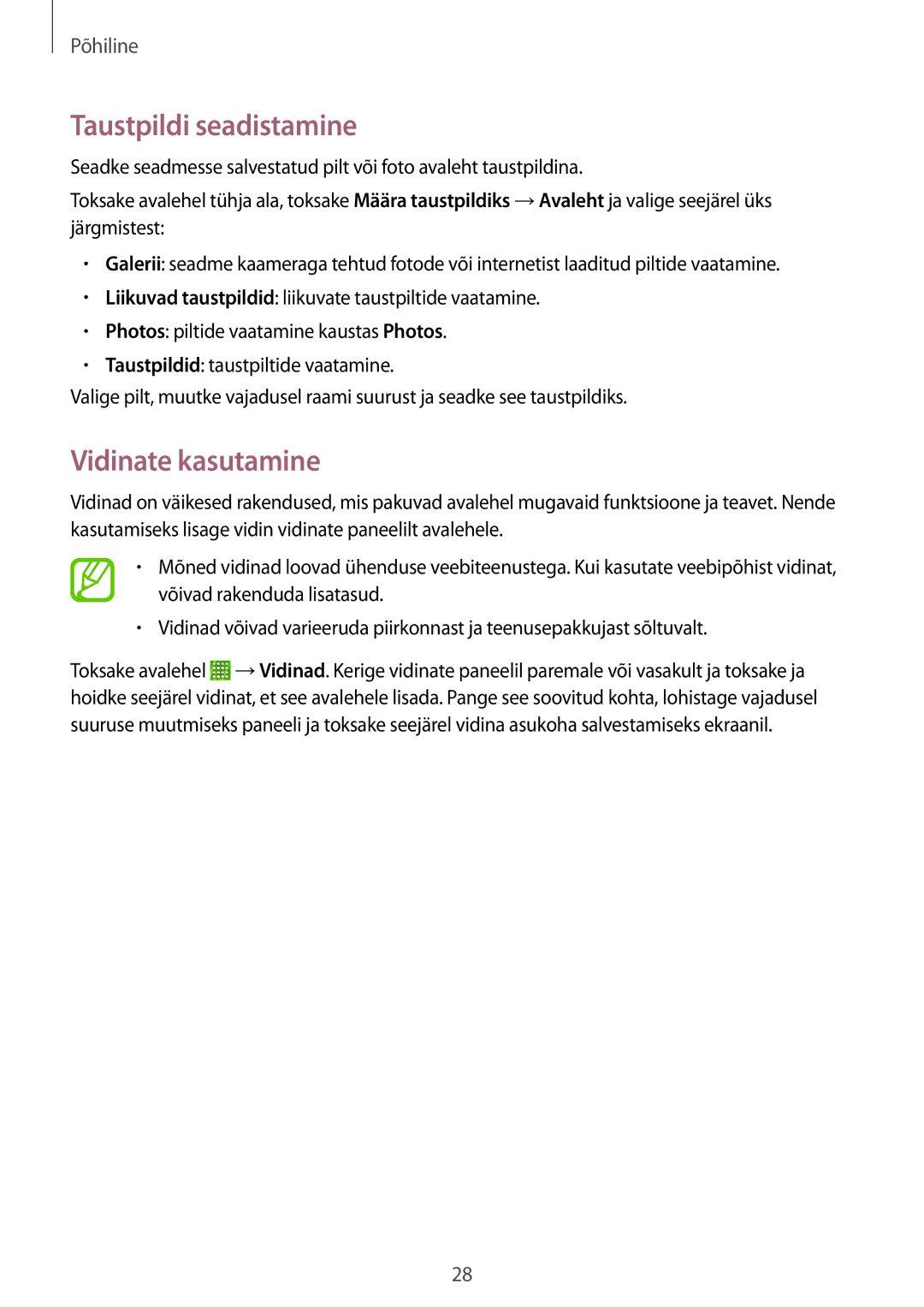 Samsung SM-T533NZWASEB, SM-T533NYKASEB manual Taustpildi seadistamine, Vidinate kasutamine 