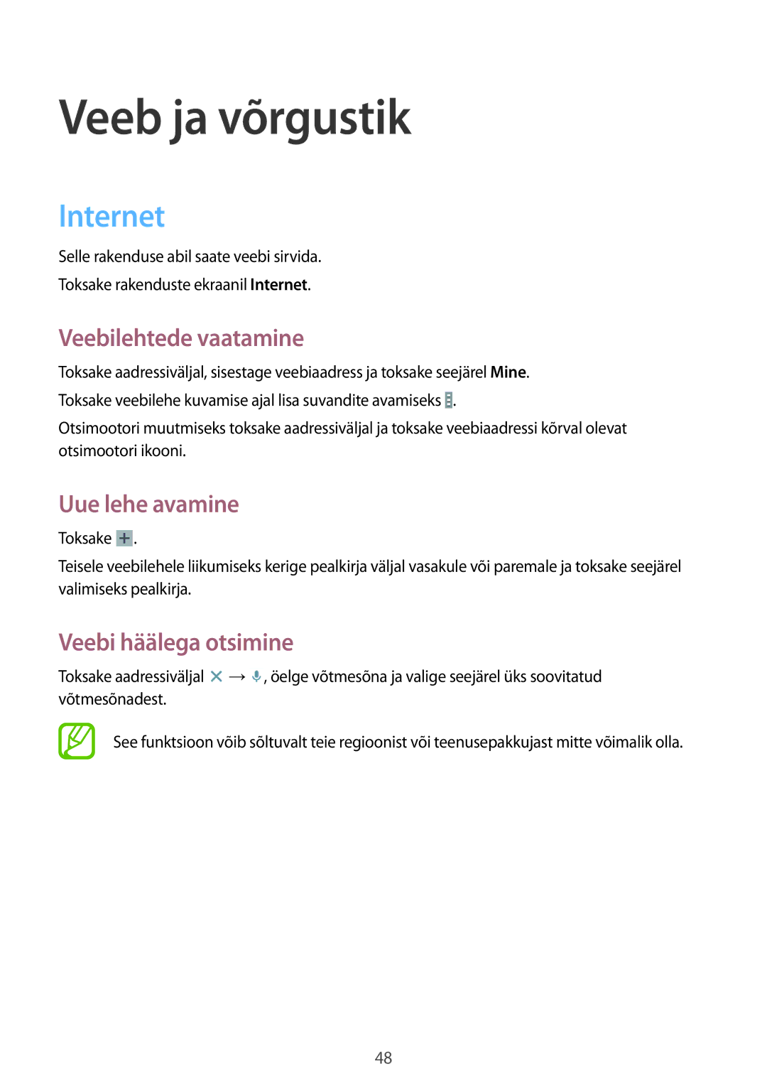 Samsung SM-T533NZWASEB manual Veeb ja võrgustik, Internet, Veebilehtede vaatamine, Uue lehe avamine, Veebi häälega otsimine 