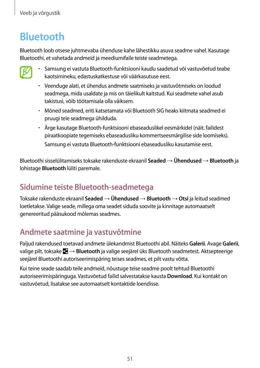 Samsung SM-T533NYKASEB, SM-T533NZWASEB manual Sidumine teiste Bluetooth-seadmetega, Andmete saatmine ja vastuvõtmine 