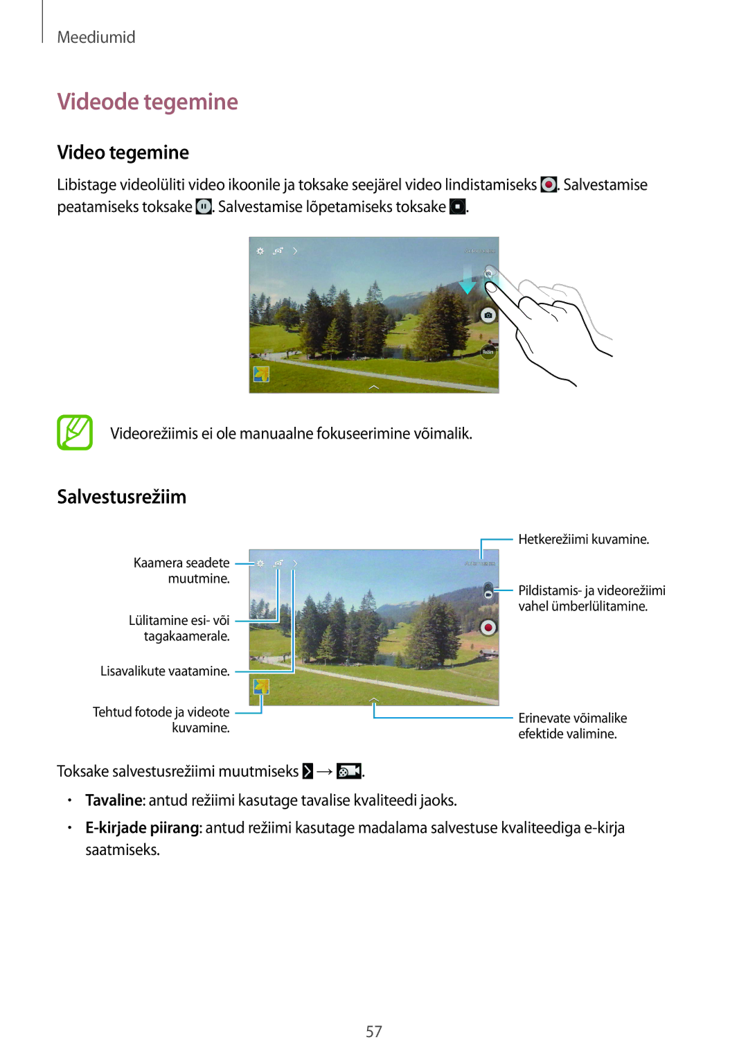 Samsung SM-T533NYKASEB, SM-T533NZWASEB manual Videode tegemine, Video tegemine, Salvestusrežiim 