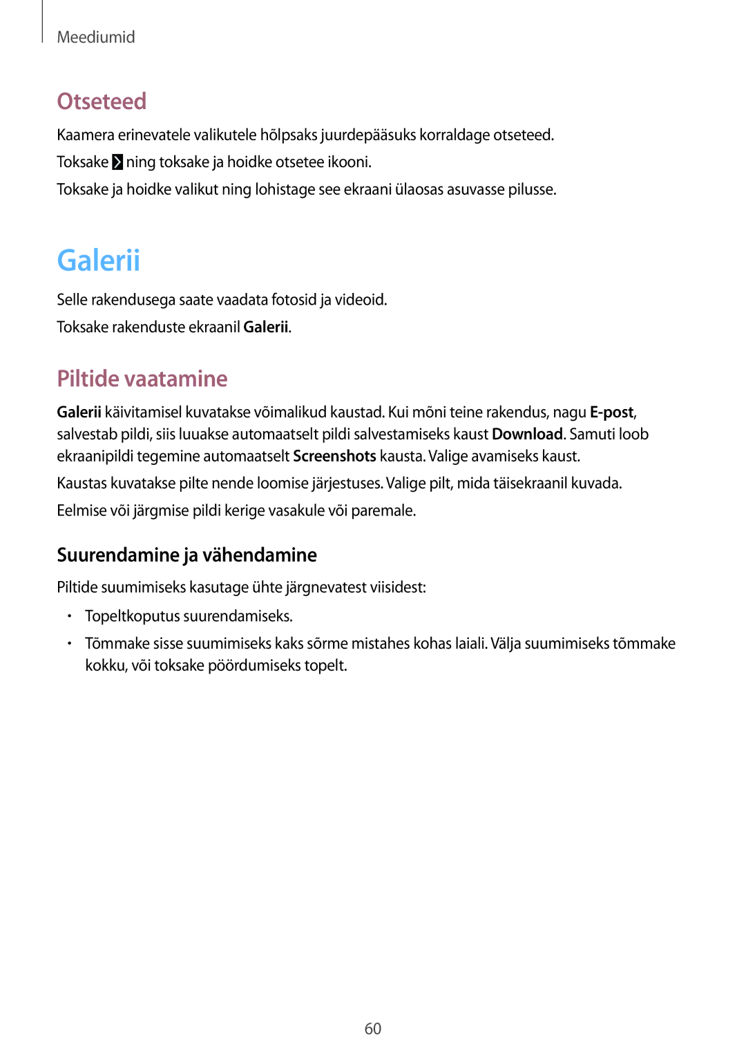 Samsung SM-T533NZWASEB, SM-T533NYKASEB manual Galerii, Otseteed, Piltide vaatamine, Suurendamine ja vähendamine 