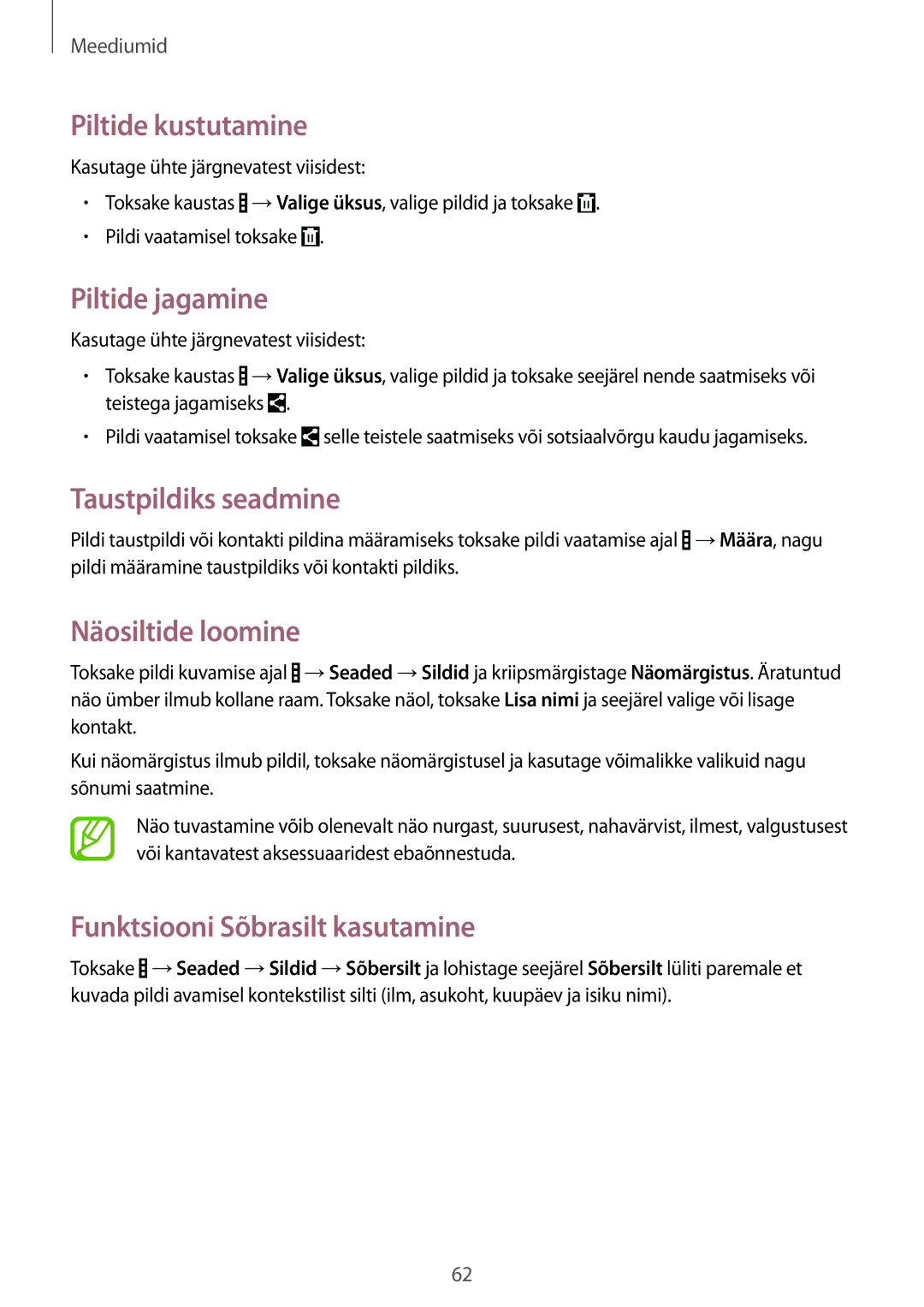 Samsung SM-T533NZWASEB, SM-T533NYKASEB Piltide kustutamine, Piltide jagamine, Taustpildiks seadmine, Näosiltide loomine 