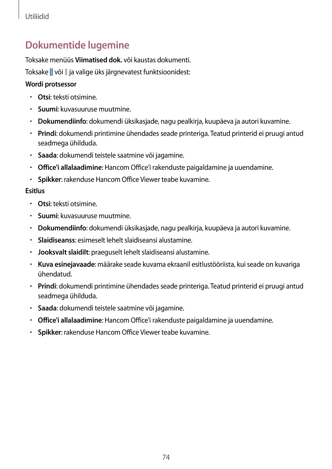 Samsung SM-T533NZWASEB, SM-T533NYKASEB manual Dokumentide lugemine, Wordi protsessor 