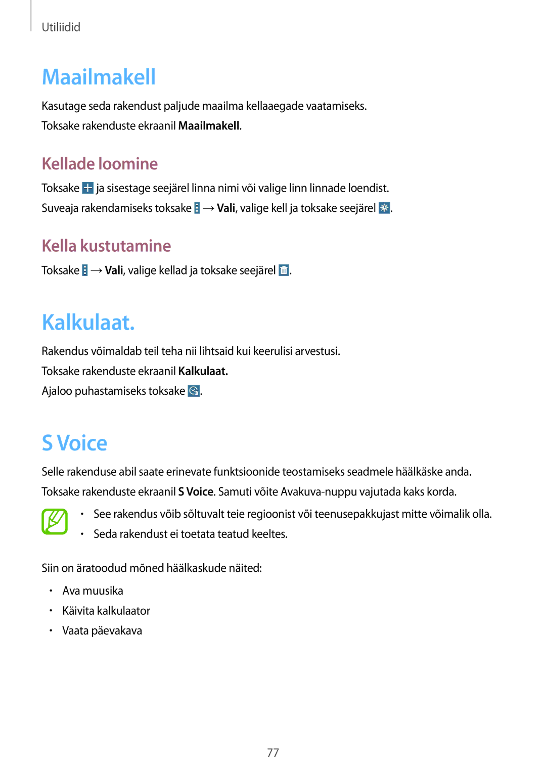 Samsung SM-T533NYKASEB, SM-T533NZWASEB manual Maailmakell, Kalkulaat, Voice, Kellade loomine, Kella kustutamine 