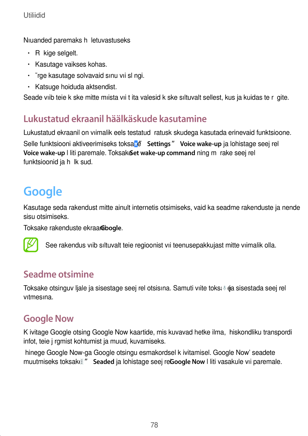 Samsung SM-T533NZWASEB, SM-T533NYKASEB manual Lukustatud ekraanil häälkäskude kasutamine, Seadme otsimine, Google Now 