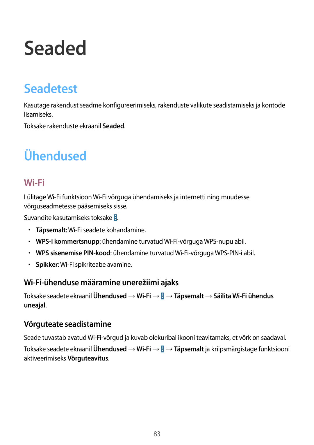 Samsung SM-T533NYKASEB, SM-T533NZWASEB manual Seaded, Seadetest, Ühendused, Wi-Fi 