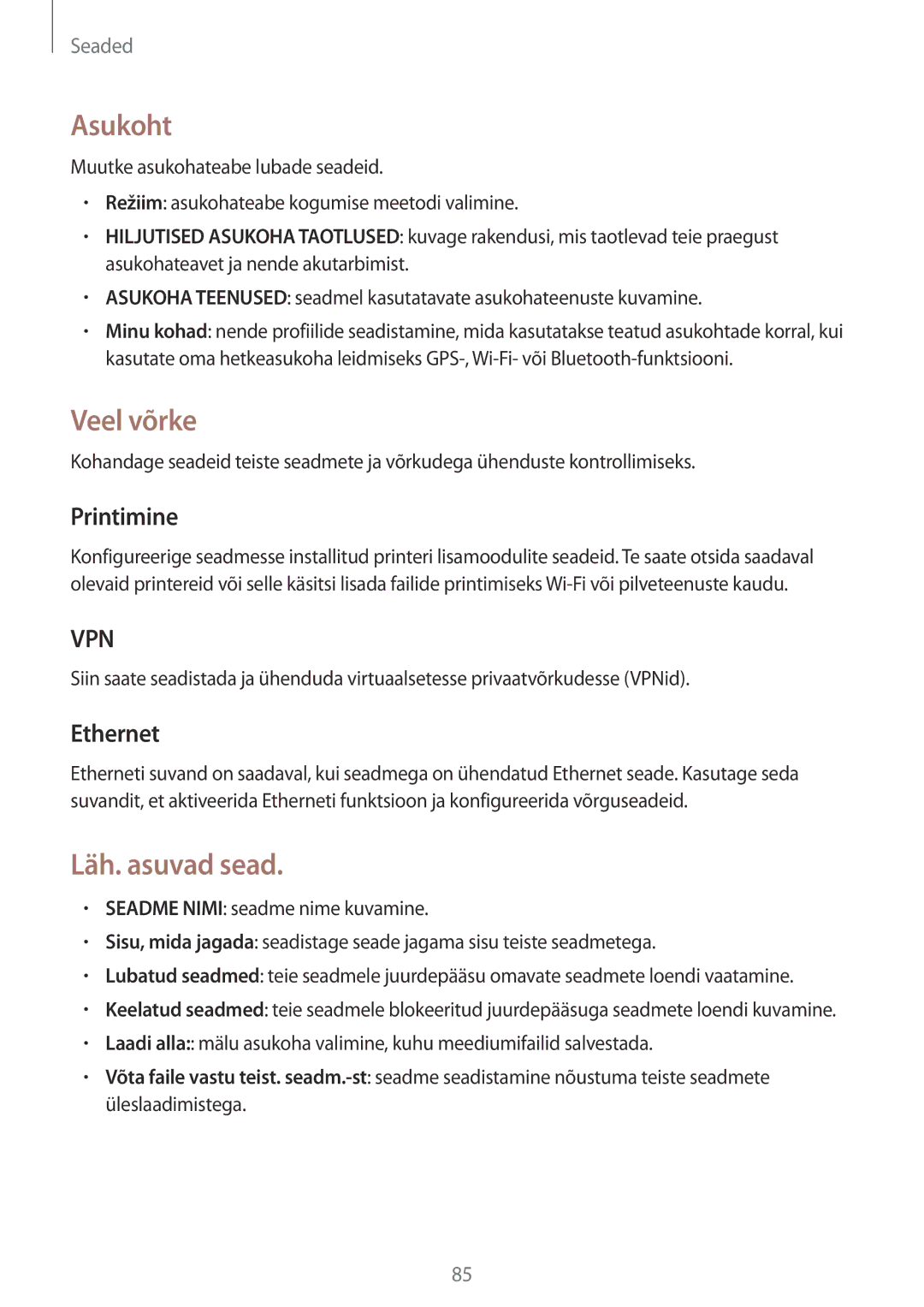 Samsung SM-T533NYKASEB, SM-T533NZWASEB manual Asukoht, Veel võrke, Läh. asuvad sead, Printimine, Ethernet 