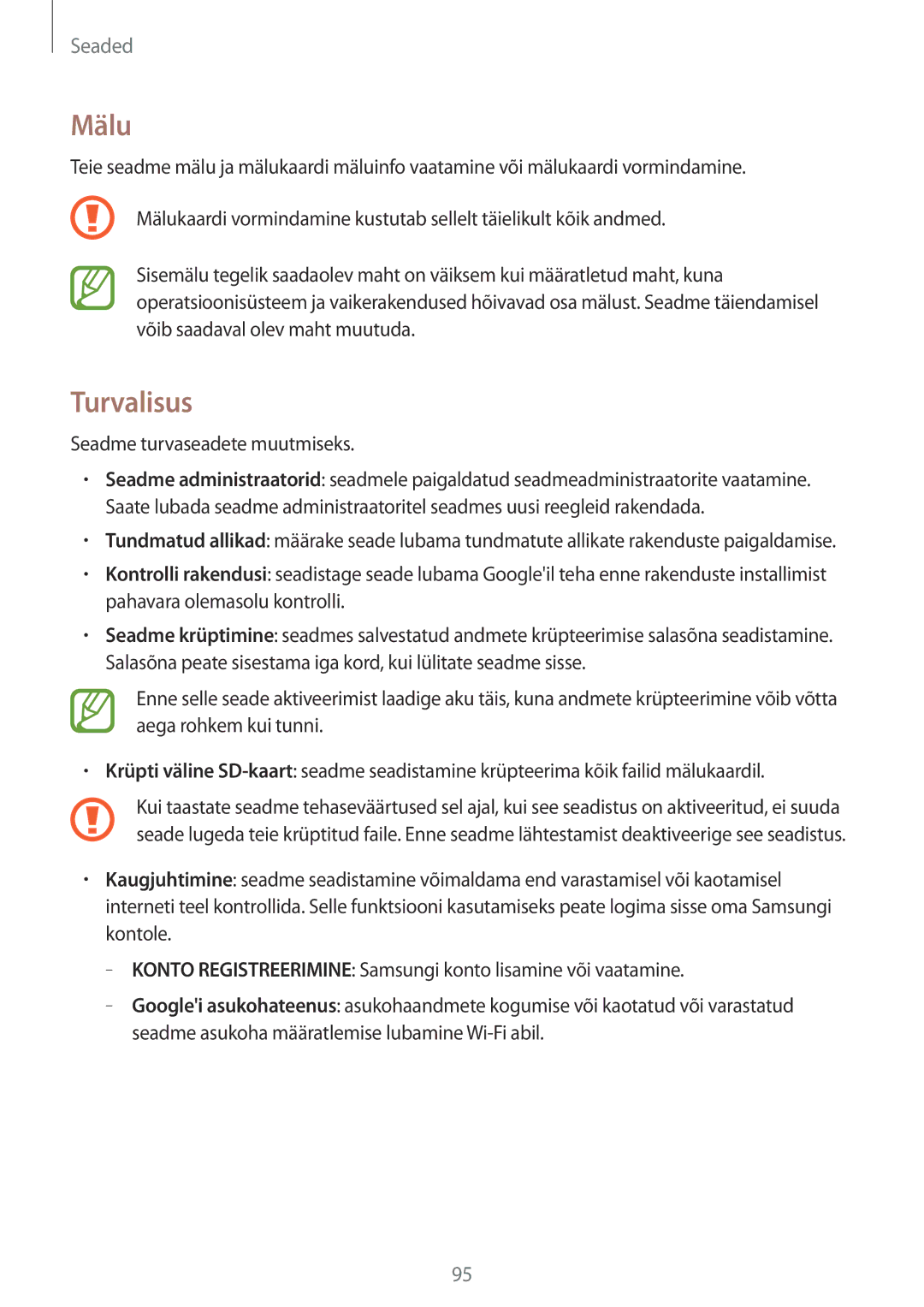 Samsung SM-T533NYKASEB, SM-T533NZWASEB manual Mälu, Turvalisus 