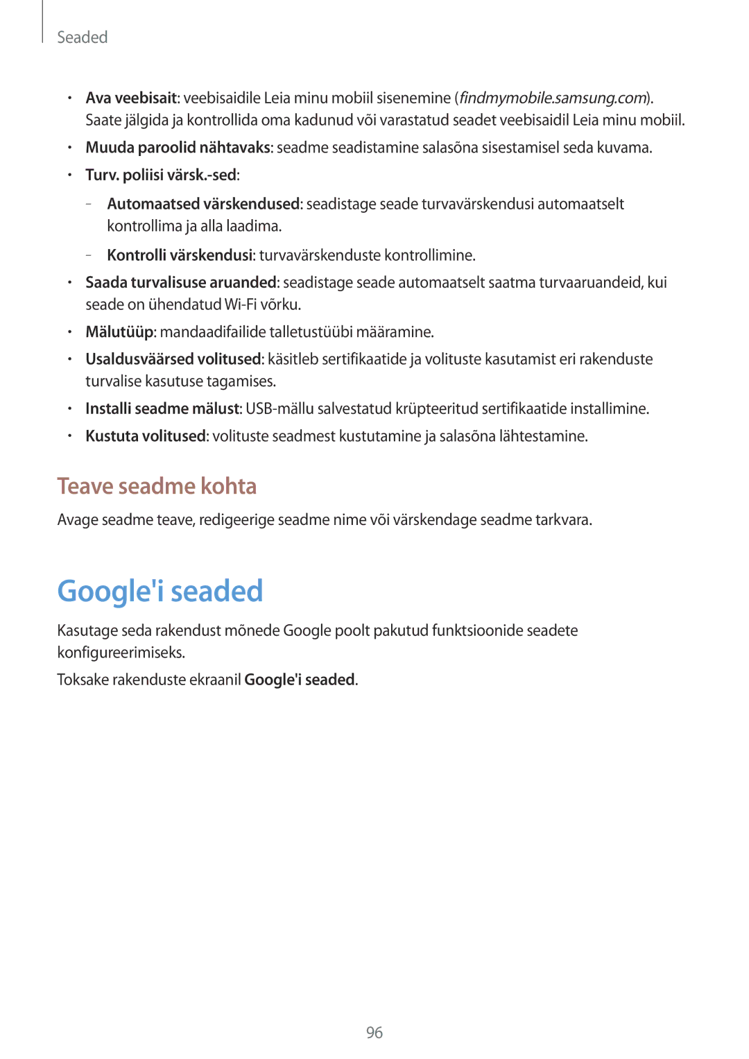 Samsung SM-T533NZWASEB, SM-T533NYKASEB manual Googlei seaded, Teave seadme kohta 