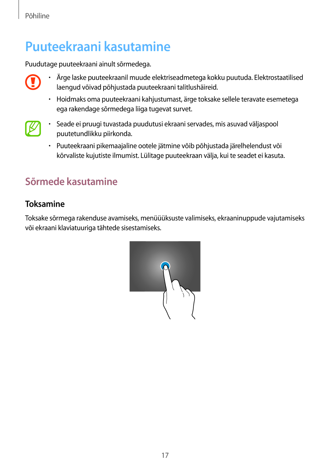 Samsung SM-T533NYKASEB, SM-T533NZWASEB manual Puuteekraani kasutamine, Sõrmede kasutamine, Toksamine 