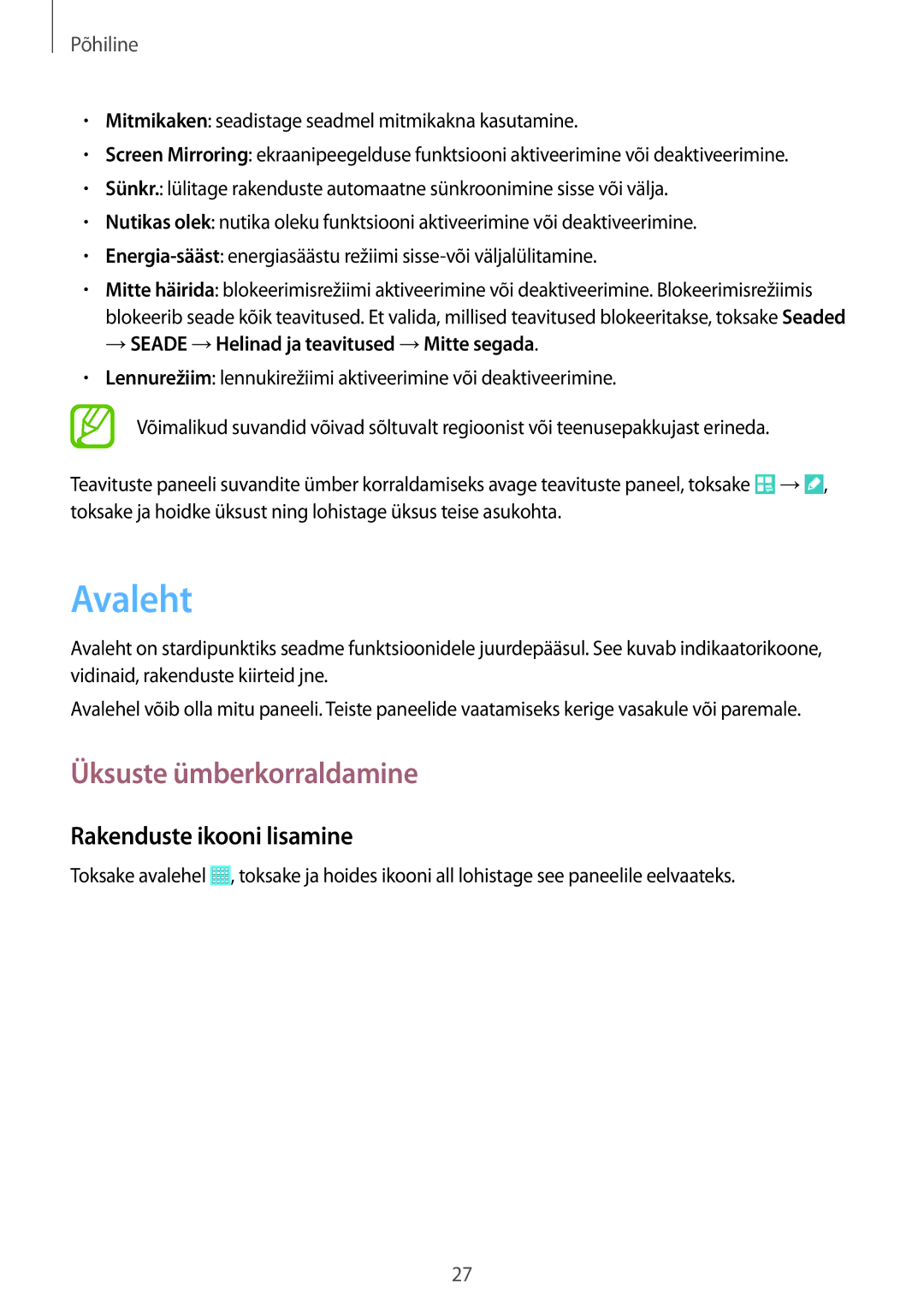 Samsung SM-T533NYKASEB, SM-T533NZWASEB manual Avaleht, Üksuste ümberkorraldamine, Rakenduste ikooni lisamine 