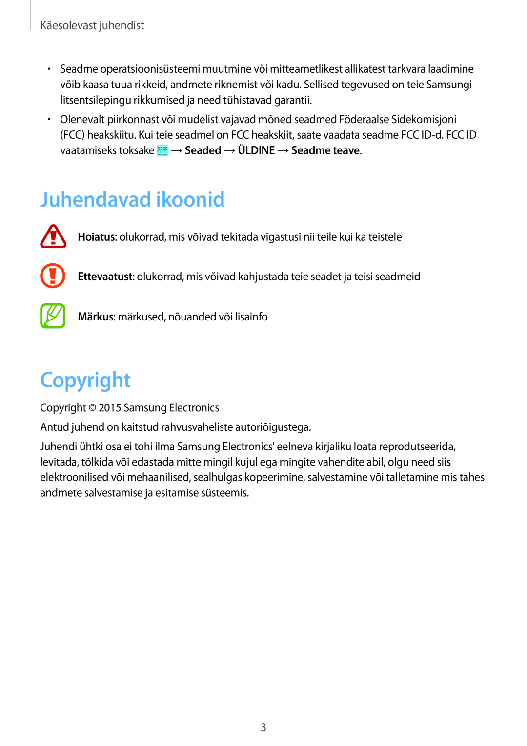 Samsung SM-T533NYKASEB, SM-T533NZWASEB manual Juhendavad ikoonid, Copyright 