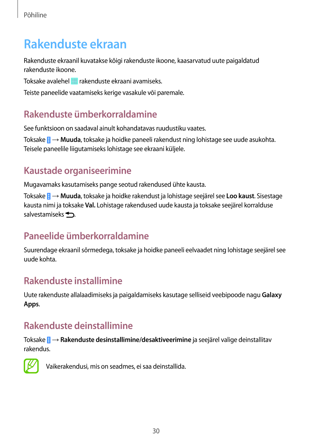 Samsung SM-T533NZWASEB Rakenduste ekraan, Rakenduste ümberkorraldamine, Kaustade organiseerimine, Rakenduste installimine 