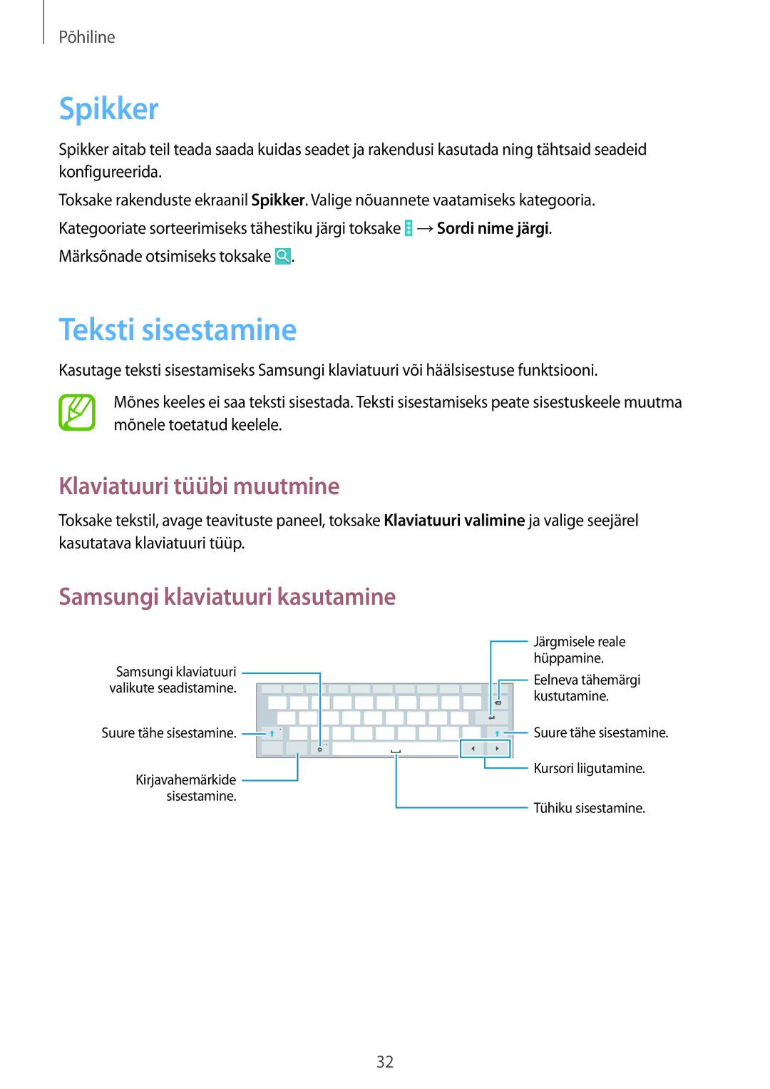 Samsung SM-T533NZWASEB, SM-T533NYKASEB manual Spikker, Teksti sisestamine, Klaviatuuri tüübi muutmine 