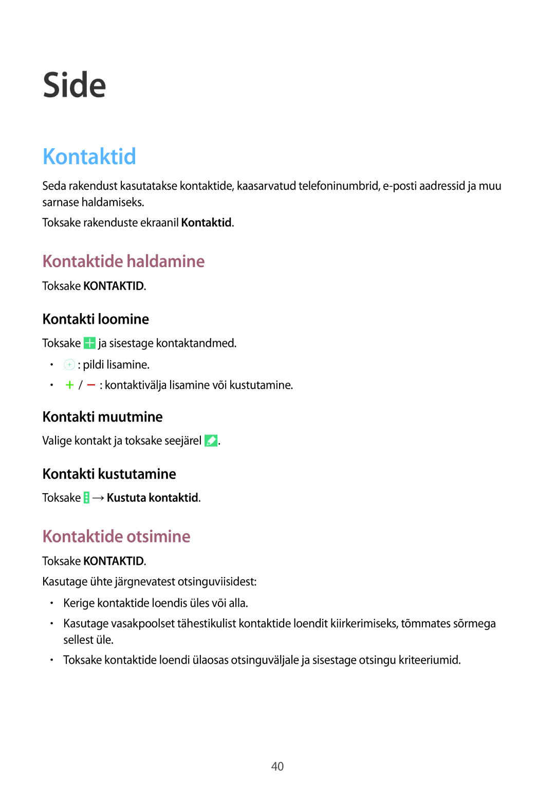 Samsung SM-T533NZWASEB, SM-T533NYKASEB manual Side, Kontaktide haldamine, Kontaktide otsimine 