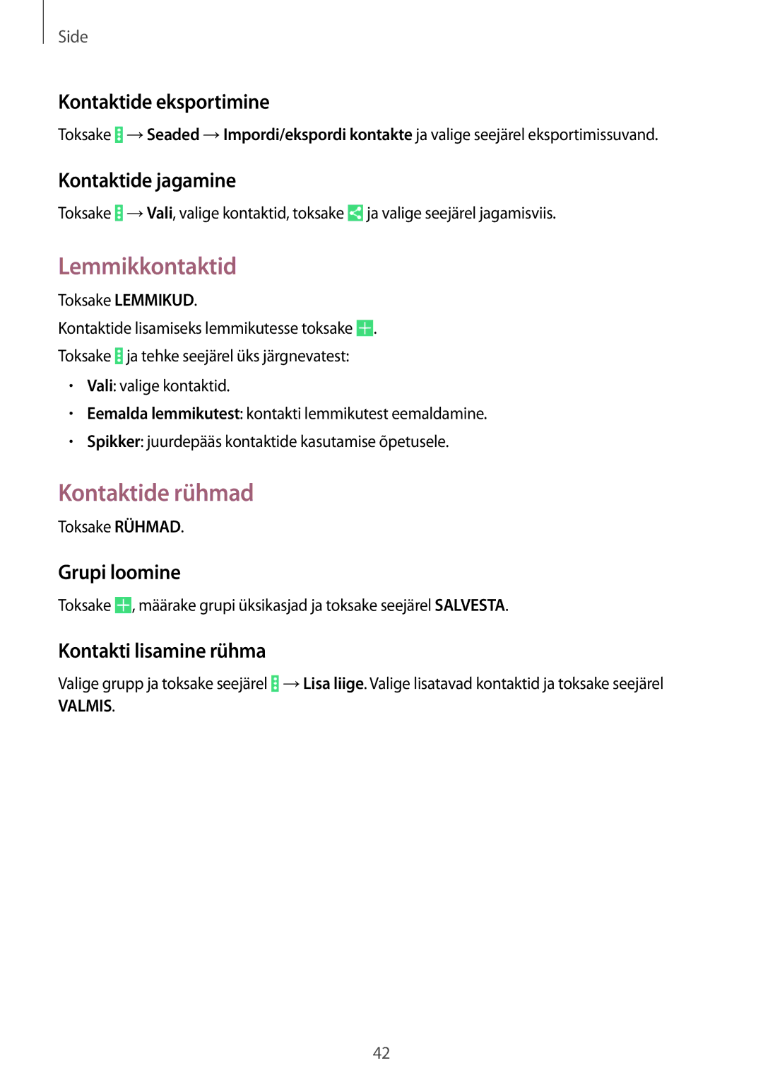 Samsung SM-T533NZWASEB, SM-T533NYKASEB manual Lemmikkontaktid, Kontaktide rühmad 