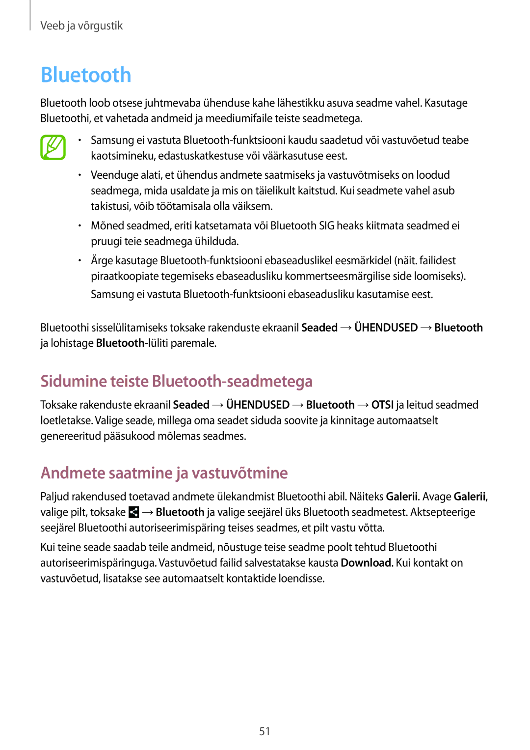 Samsung SM-T533NYKASEB, SM-T533NZWASEB manual Sidumine teiste Bluetooth-seadmetega, Andmete saatmine ja vastuvõtmine 