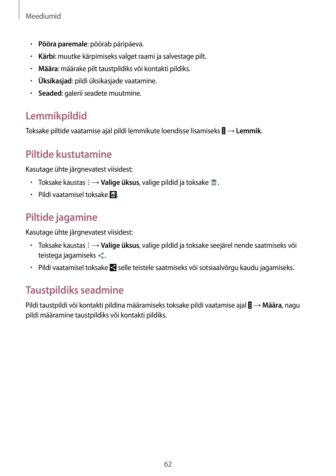 Samsung SM-T533NZWASEB, SM-T533NYKASEB manual Lemmikpildid, Piltide kustutamine, Piltide jagamine, Taustpildiks seadmine 