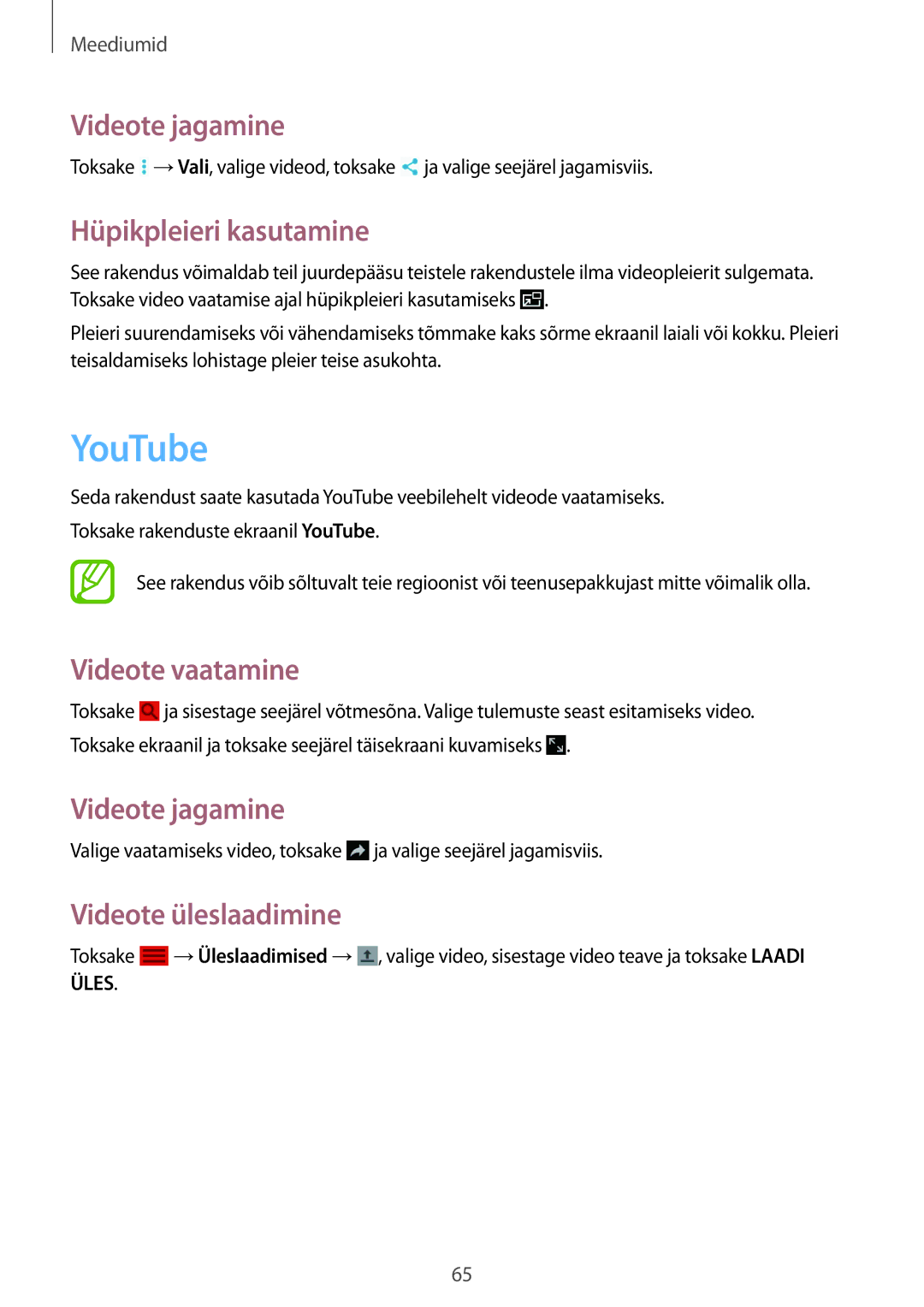 Samsung SM-T533NYKASEB manual YouTube, Videote jagamine, Hüpikpleieri kasutamine, Videote vaatamine, Videote üleslaadimine 