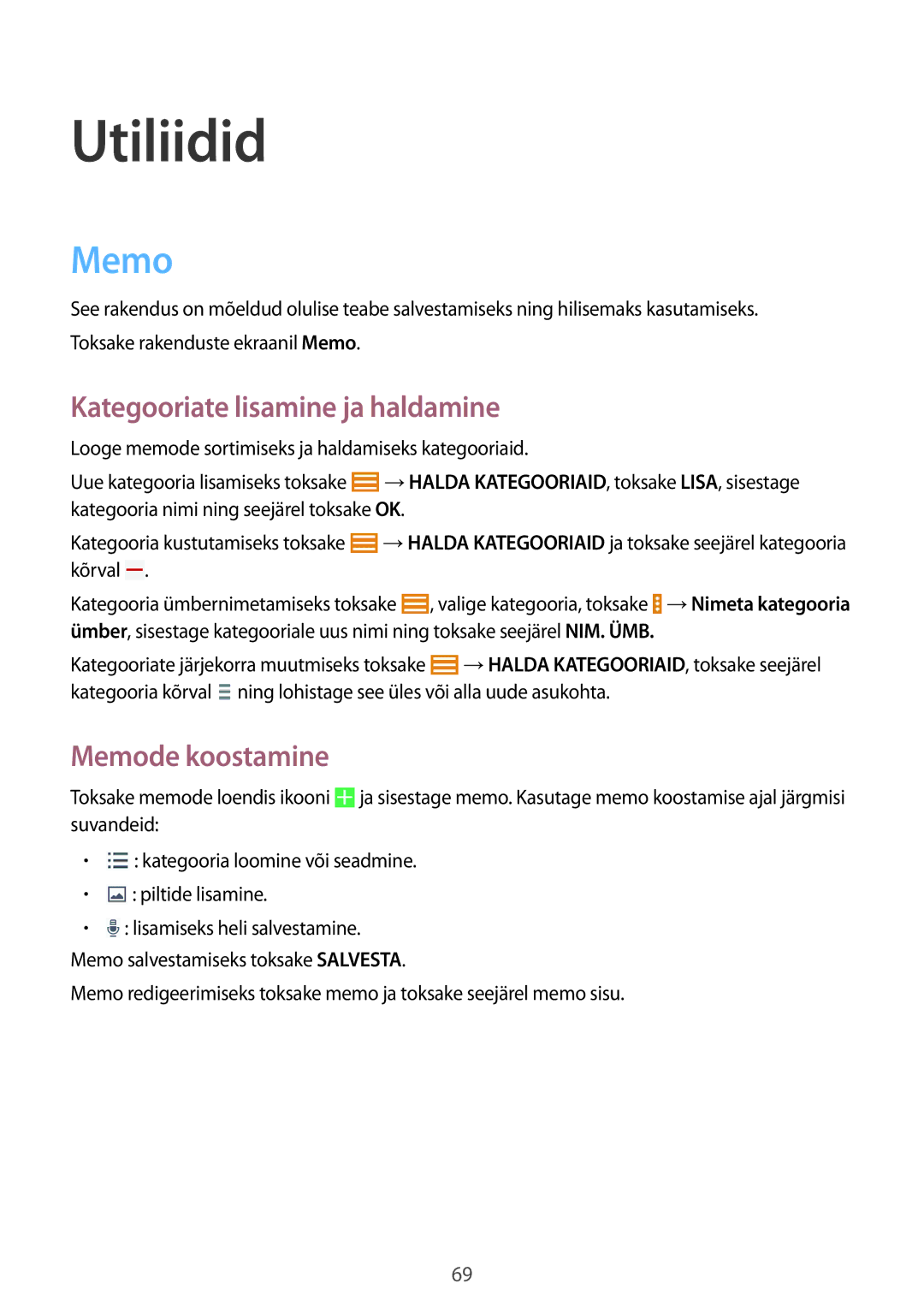Samsung SM-T533NYKASEB, SM-T533NZWASEB manual Utiliidid, Kategooriate lisamine ja haldamine, Memode koostamine 