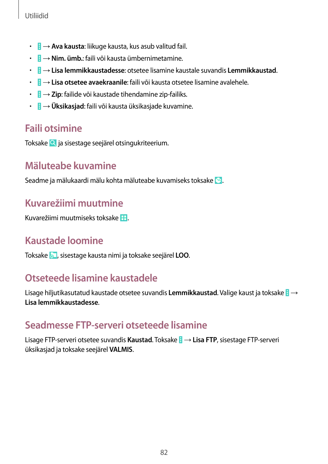 Samsung SM-T533NZWASEB, SM-T533NYKASEB manual Faili otsimine, Mäluteabe kuvamine, Kuvarežiimi muutmine, Kaustade loomine 