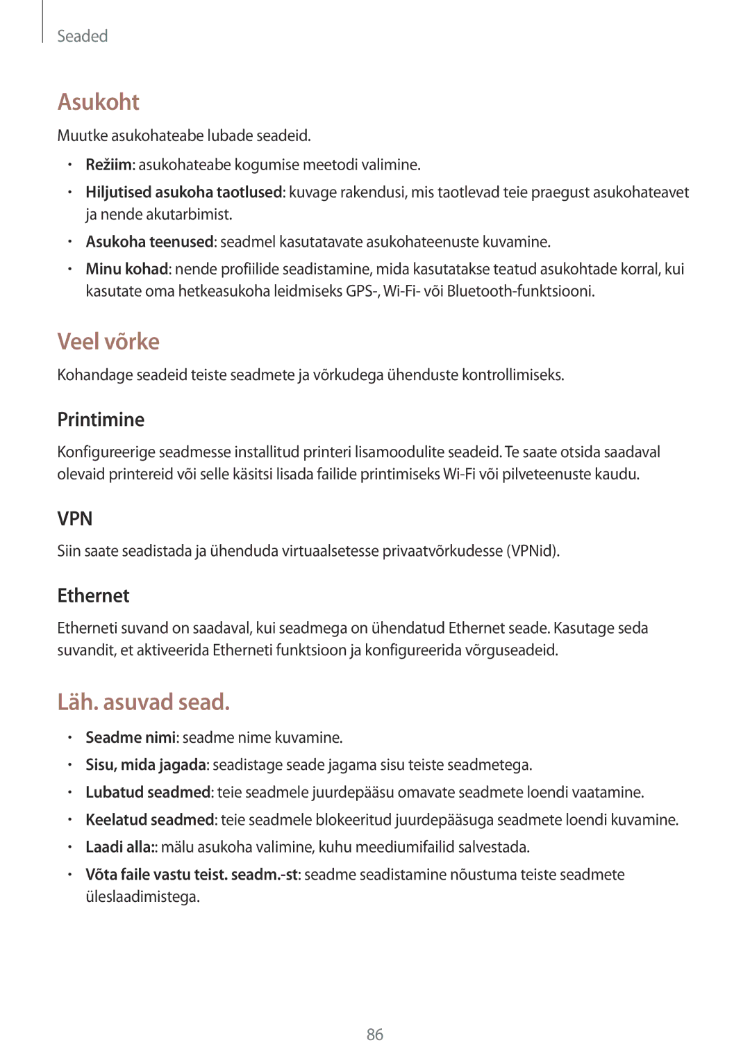 Samsung SM-T533NZWASEB, SM-T533NYKASEB manual Asukoht, Veel võrke, Läh. asuvad sead, Printimine, Ethernet 