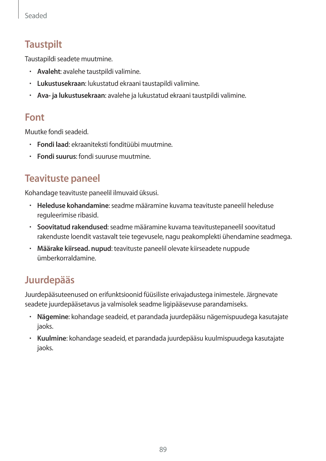 Samsung SM-T533NYKASEB, SM-T533NZWASEB manual Taustpilt, Font, Teavituste paneel, Juurdepääs 