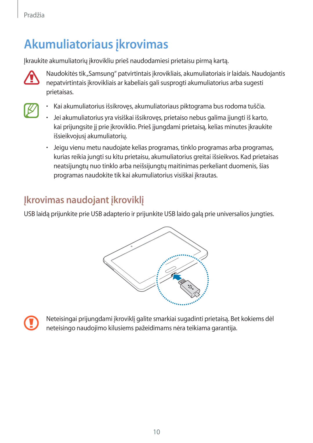 Samsung SM-T533NZWASEB, SM-T533NYKASEB manual Akumuliatoriaus įkrovimas, Įkrovimas naudojant įkroviklį 