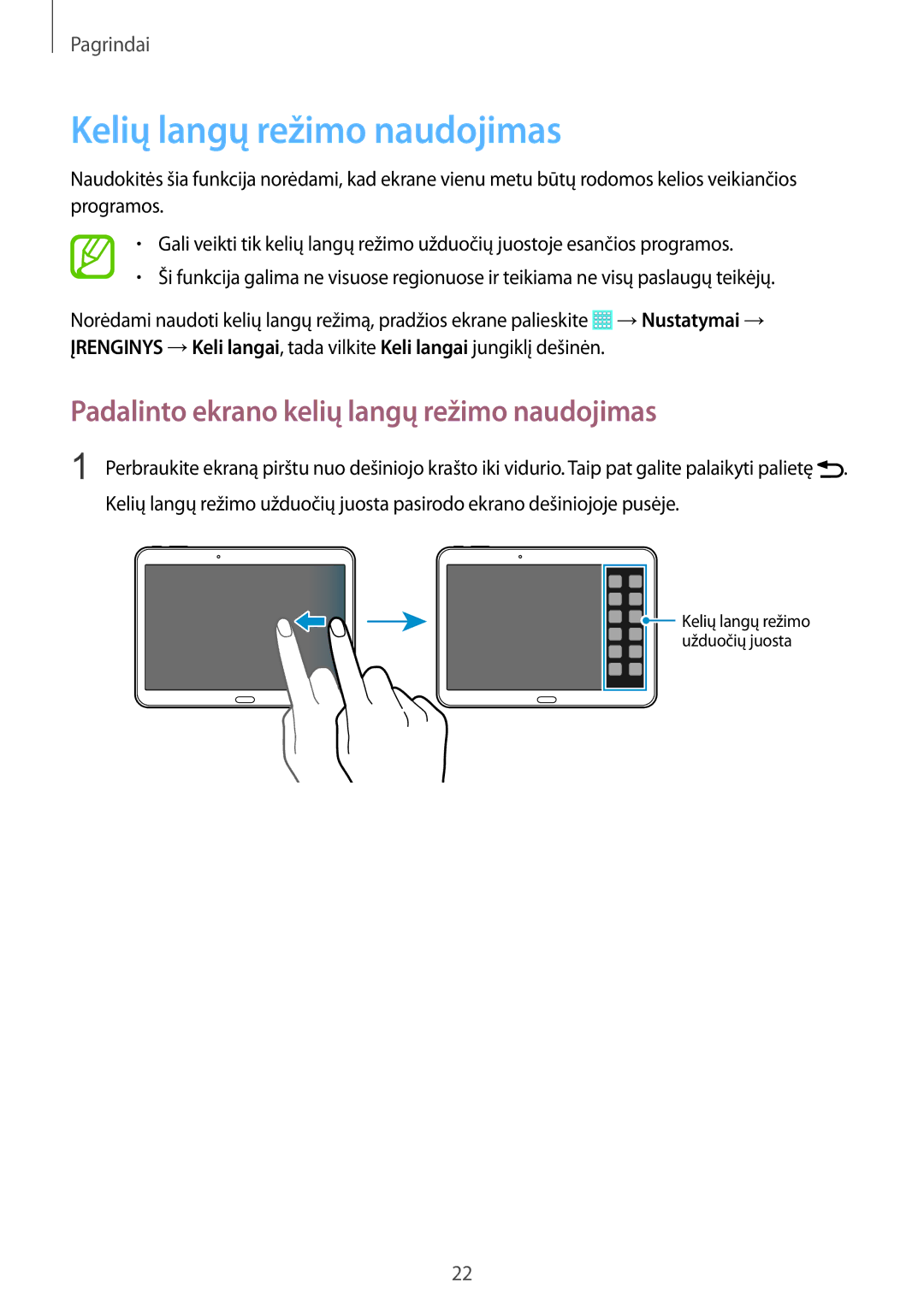 Samsung SM-T533NZWASEB, SM-T533NYKASEB manual Kelių langų režimo naudojimas, Padalinto ekrano kelių langų režimo naudojimas 