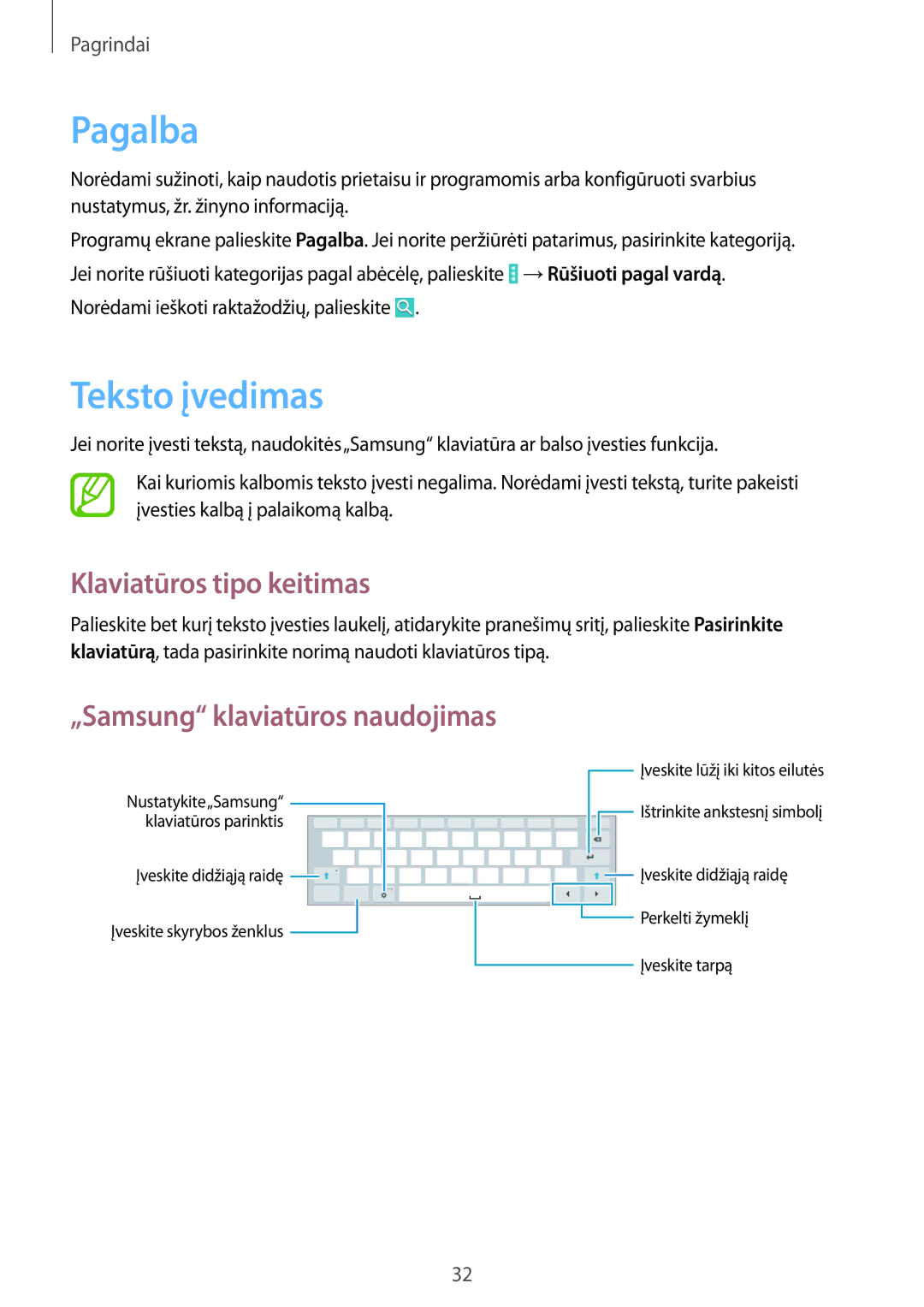 Samsung SM-T533NZWASEB manual Pagalba, Teksto įvedimas, Klaviatūros tipo keitimas, „Samsung klaviatūros naudojimas 