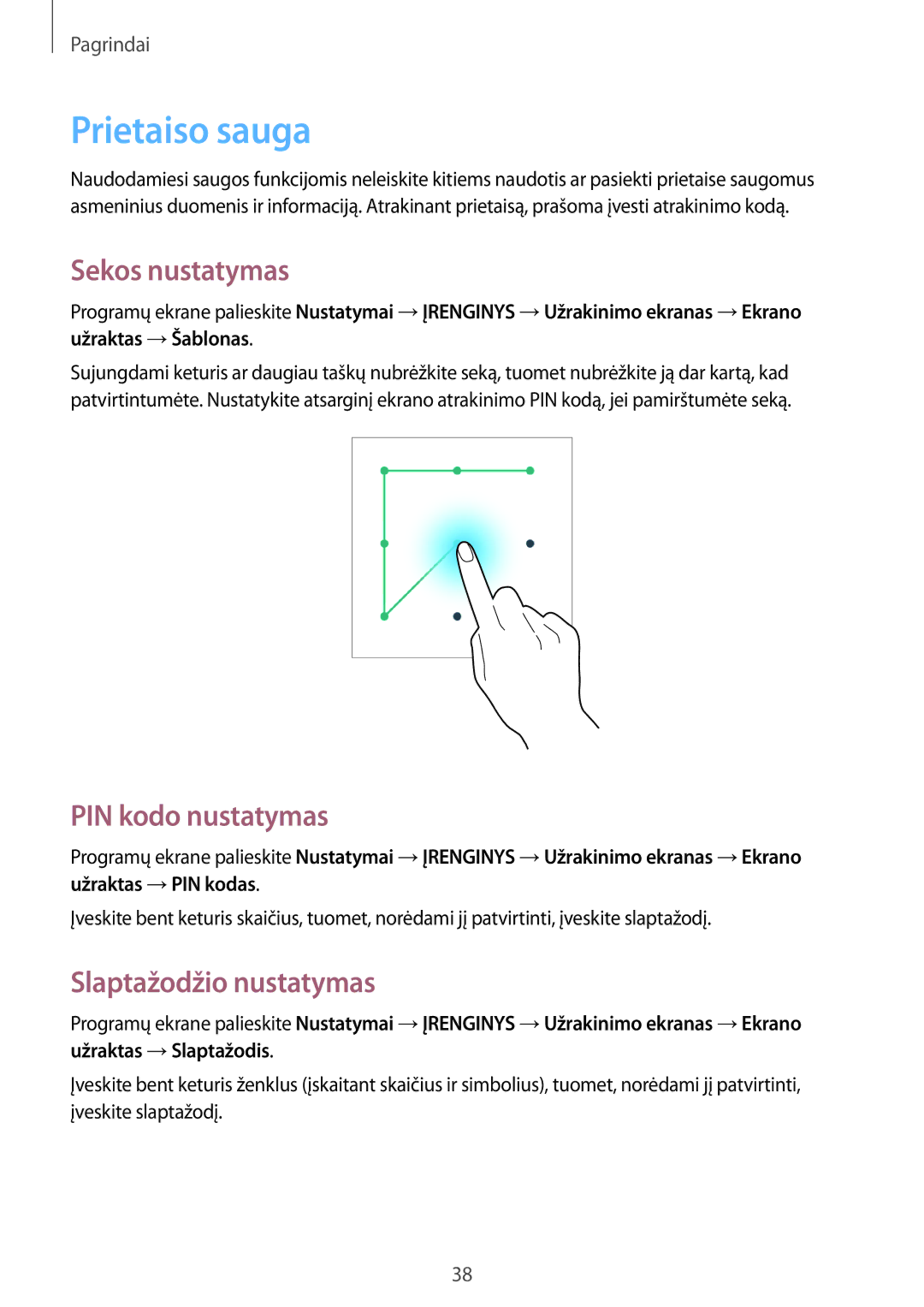 Samsung SM-T533NZWASEB, SM-T533NYKASEB Prietaiso sauga, Sekos nustatymas, PIN kodo nustatymas, Slaptažodžio nustatymas 