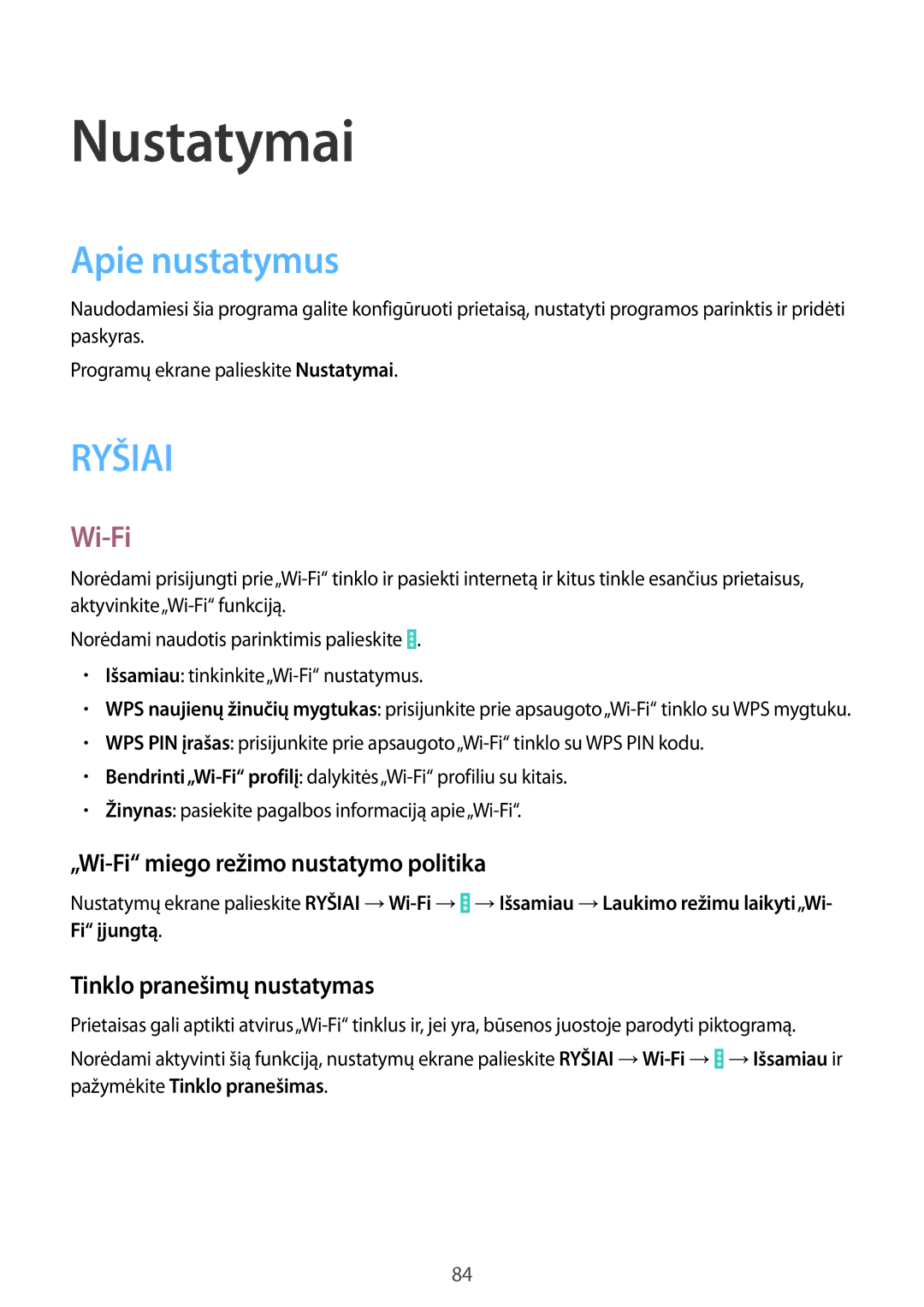 Samsung SM-T533NZWASEB, SM-T533NYKASEB manual Nustatymai, Apie nustatymus, „Wi-Fi miego režimo nustatymo politika 