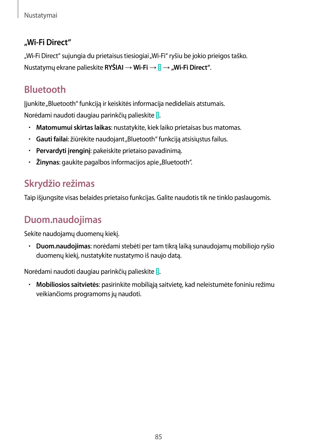 Samsung SM-T533NYKASEB, SM-T533NZWASEB manual Bluetooth, Skrydžio režimas, Duom.naudojimas, „Wi-Fi Direct 