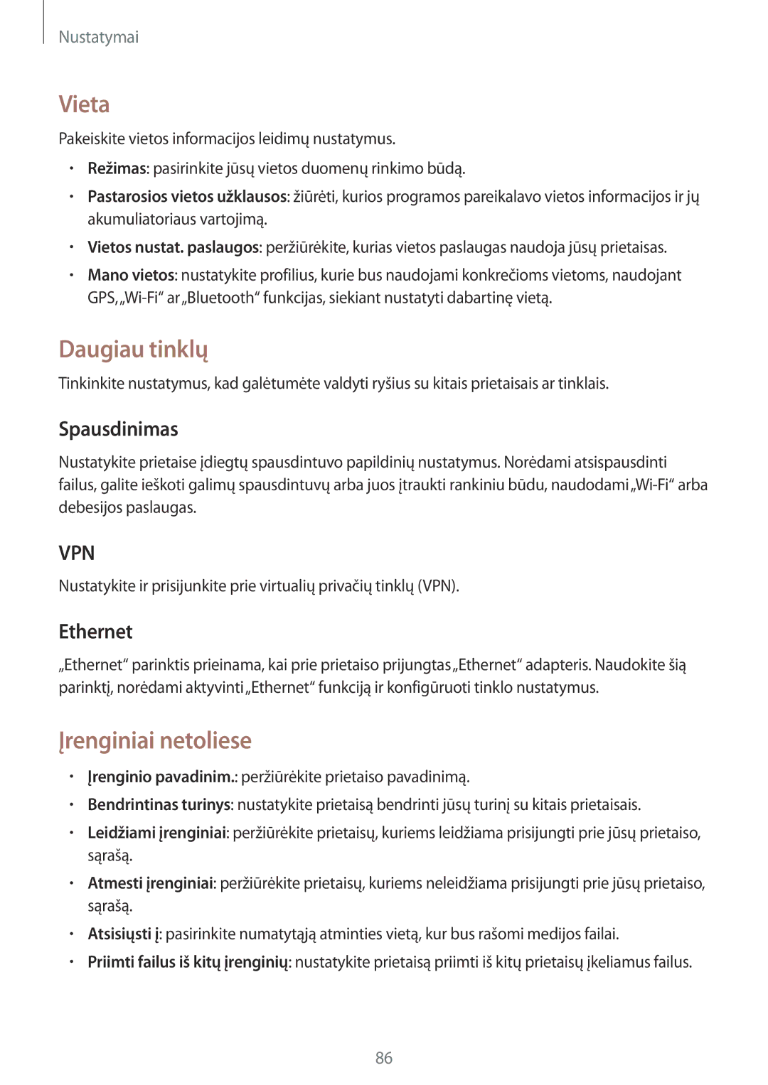 Samsung SM-T533NZWASEB, SM-T533NYKASEB manual Vieta, Daugiau tinklų, Įrenginiai netoliese, Spausdinimas, Ethernet 