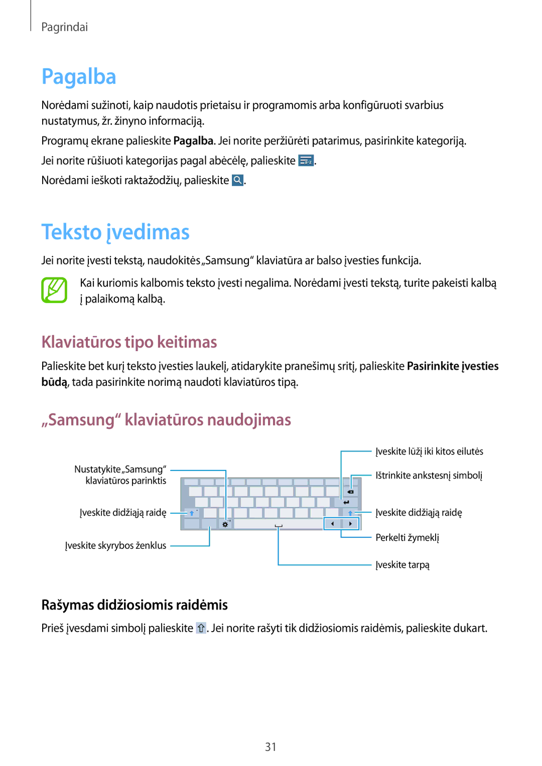 Samsung SM-T533NYKASEB manual Pagalba, Teksto įvedimas, Klaviatūros tipo keitimas, „Samsung klaviatūros naudojimas 