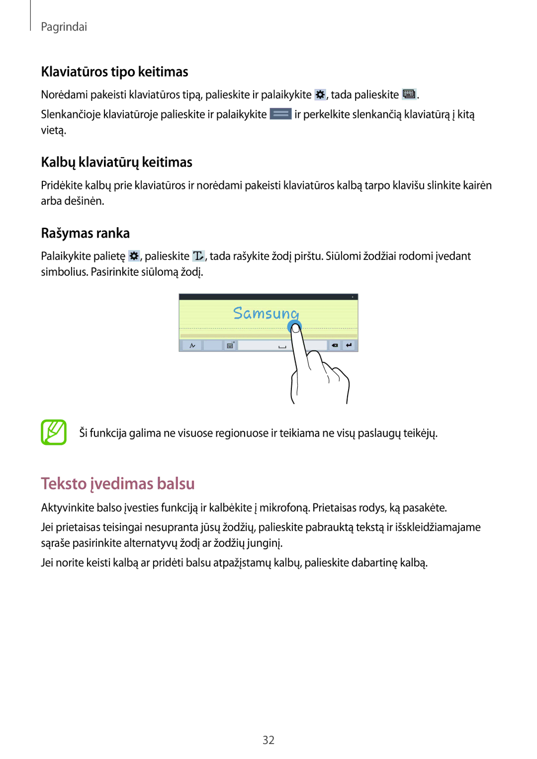 Samsung SM-T533NZWASEB manual Teksto įvedimas balsu, Klaviatūros tipo keitimas, Kalbų klaviatūrų keitimas, Rašymas ranka 