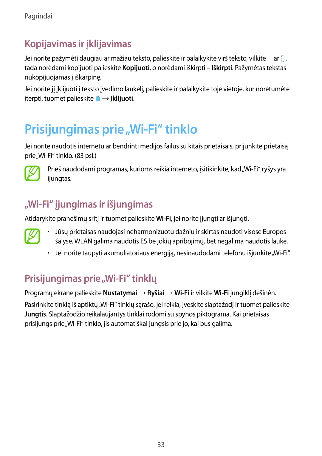 Samsung SM-T533NYKASEB manual Prisijungimas prie„Wi-Fi tinklo, Kopijavimas ir įklijavimas, „Wi-Fi įjungimas ir išjungimas 