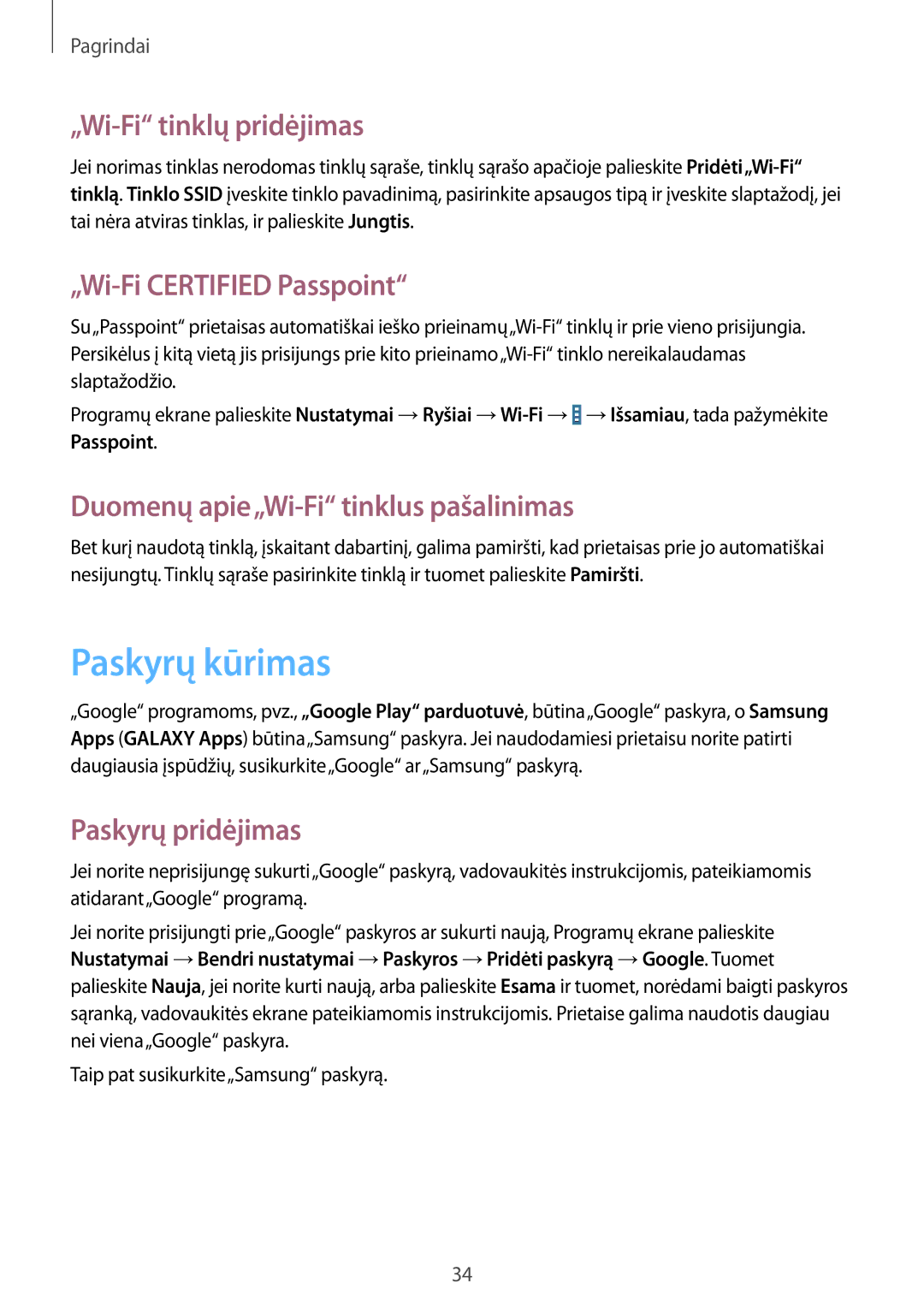 Samsung SM-T533NZWASEB manual Paskyrų kūrimas, „Wi-Fi tinklų pridėjimas, „Wi-Fi Certified Passpoint, Paskyrų pridėjimas 