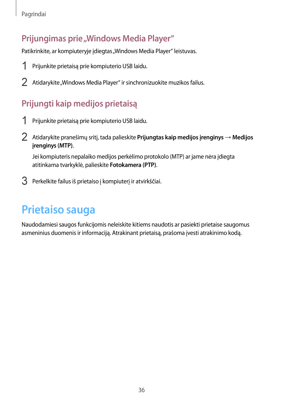 Samsung SM-T533NZWASEB manual Prietaiso sauga, Prijungimas prie„Windows Media Player, Prijungti kaip medijos prietaisą 