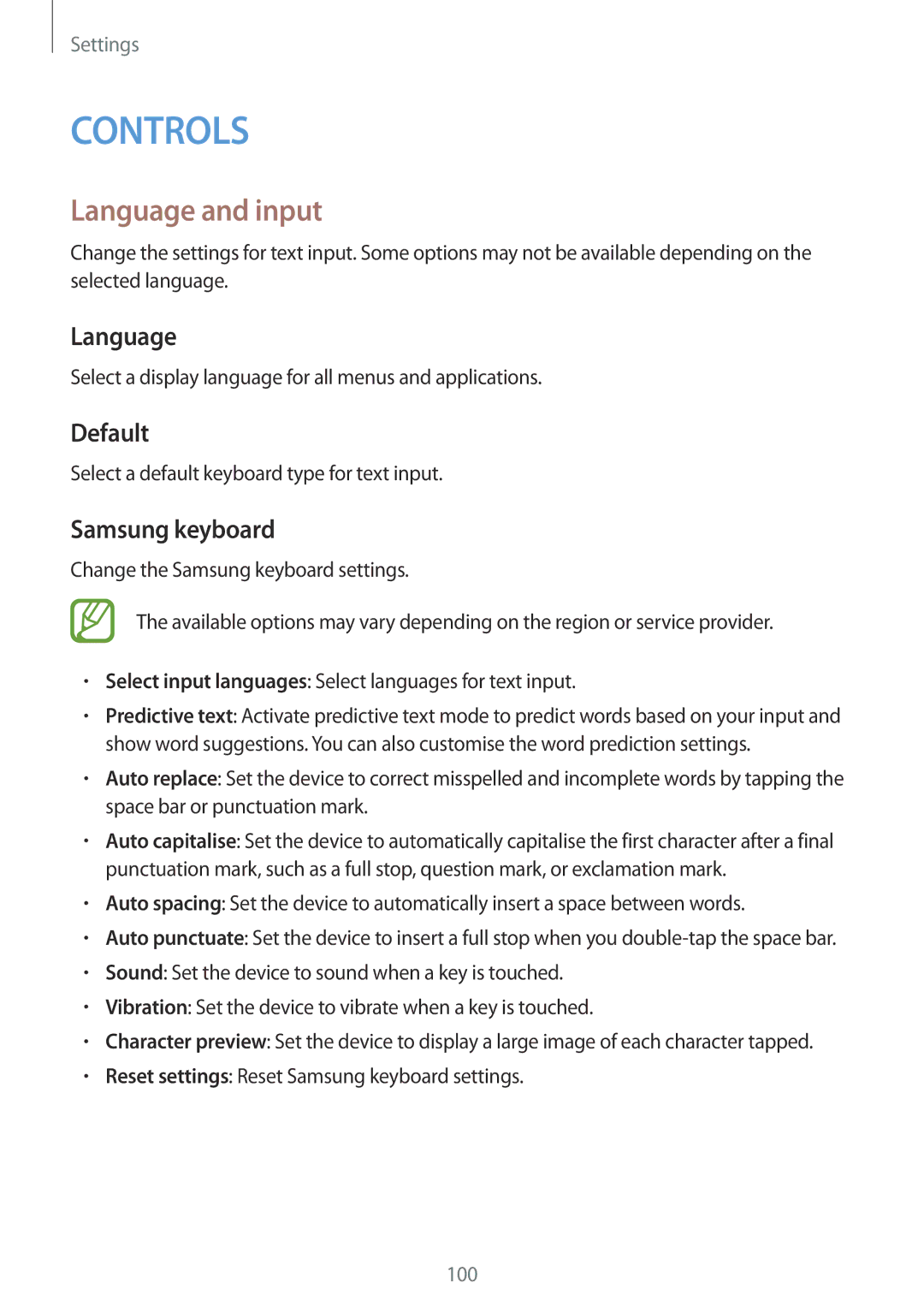 Samsung SM-T535NZWATMH, SM-T535NYKAATO, SM-T535NZWATPH, SM-T535NZWAXEO manual Language and input, Default, Samsung keyboard 