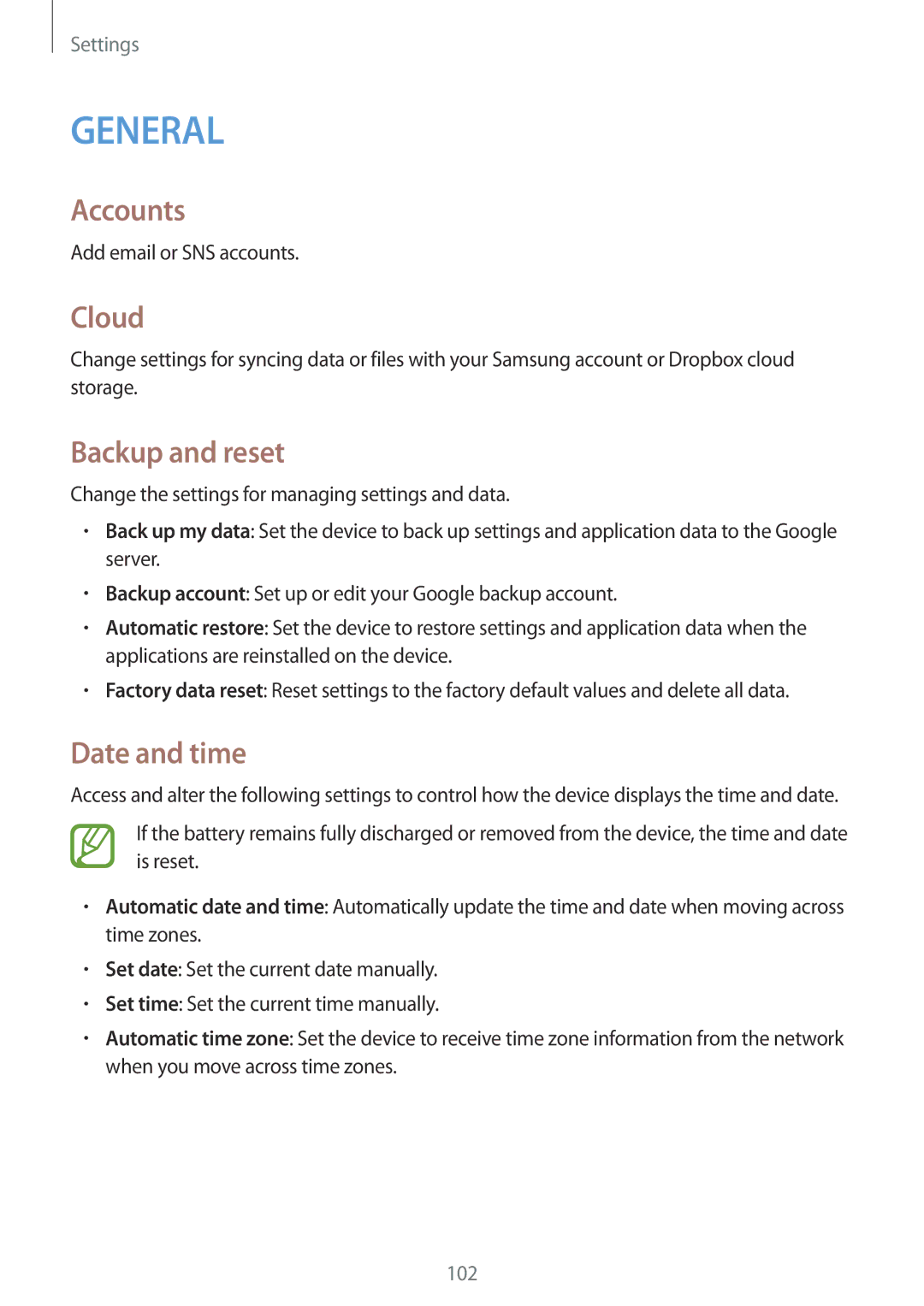 Samsung SM-T535NZWAXSK, SM-T535NYKAATO, SM-T535NZWATPH, SM-T535NZWAXEO manual Accounts, Cloud, Backup and reset, Date and time 