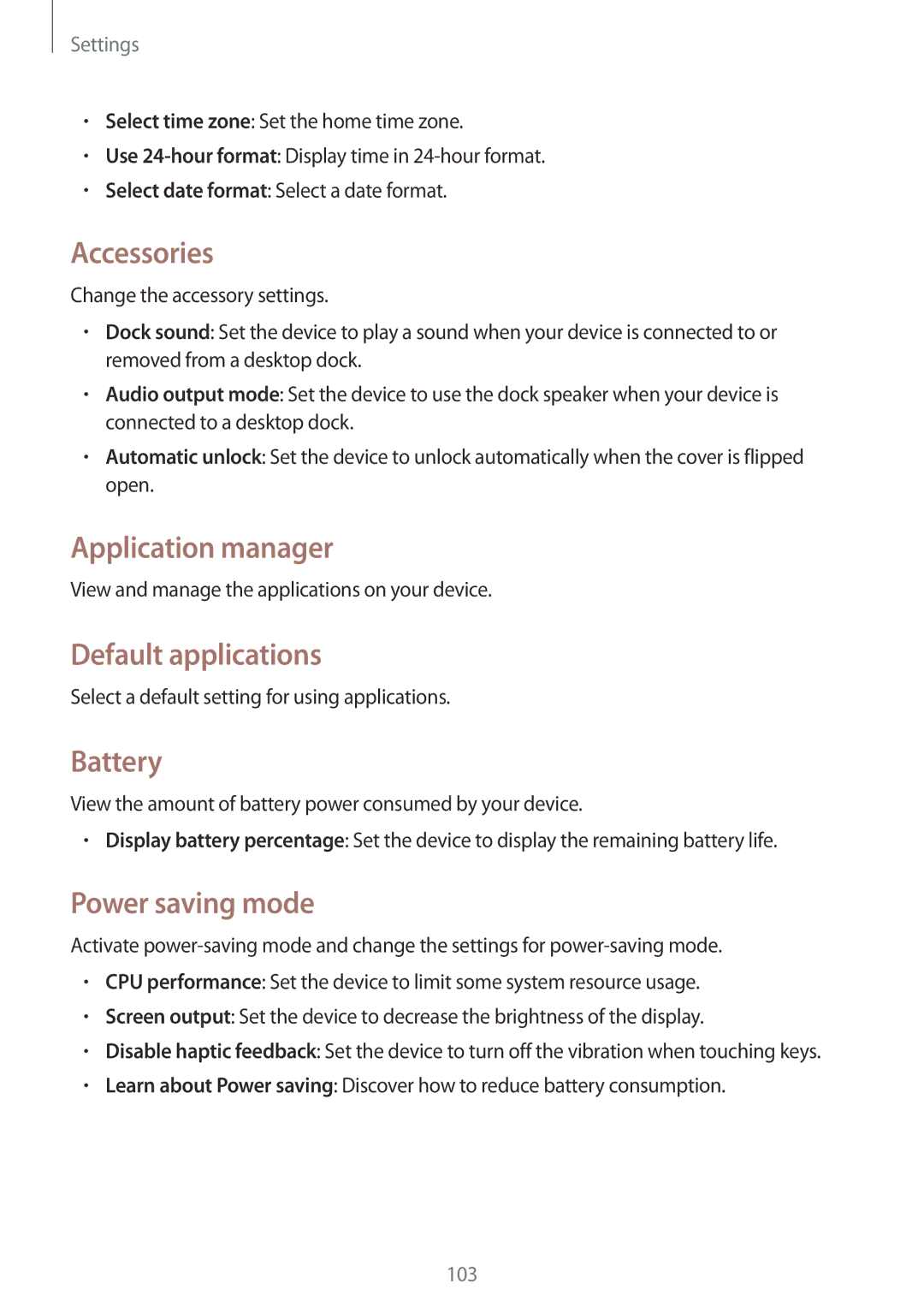 Samsung SM-T535NZWATMZ, SM-T535NYKAATO Accessories, Application manager, Default applications, Battery, Power saving mode 