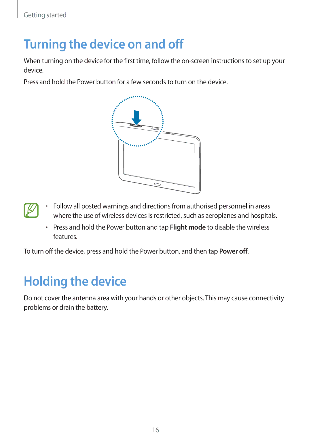 Samsung SM-T535NZWAFTM, SM-T535NYKAATO, SM-T535NZWATPH, SM-T535NZWAXEO Turning the device on and off, Holding the device 