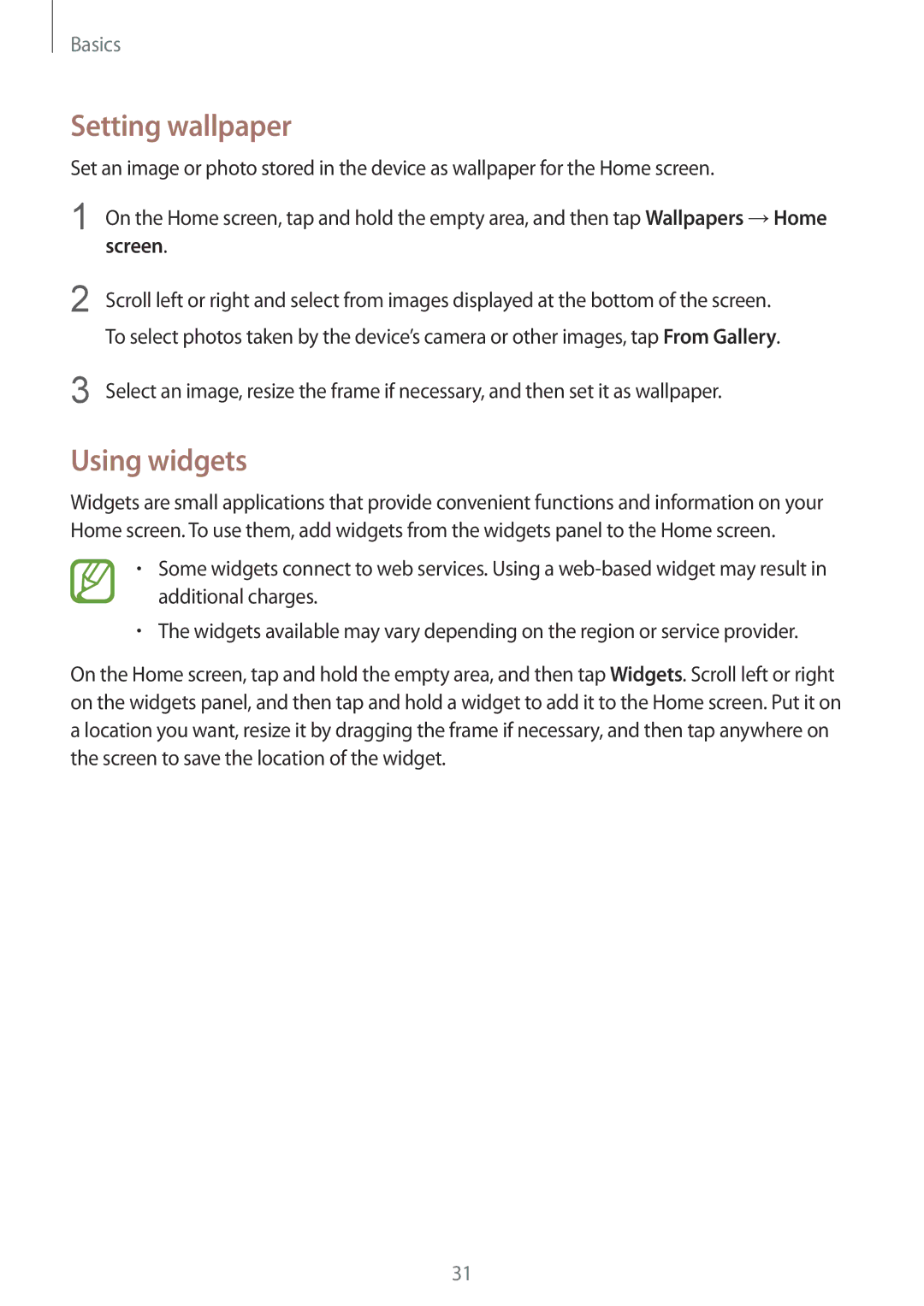 Samsung SM-T535NZWAXEH, SM-T535NYKAATO, SM-T535NZWATPH, SM-T535NZWAXEO manual Setting wallpaper, Using widgets, Screen 